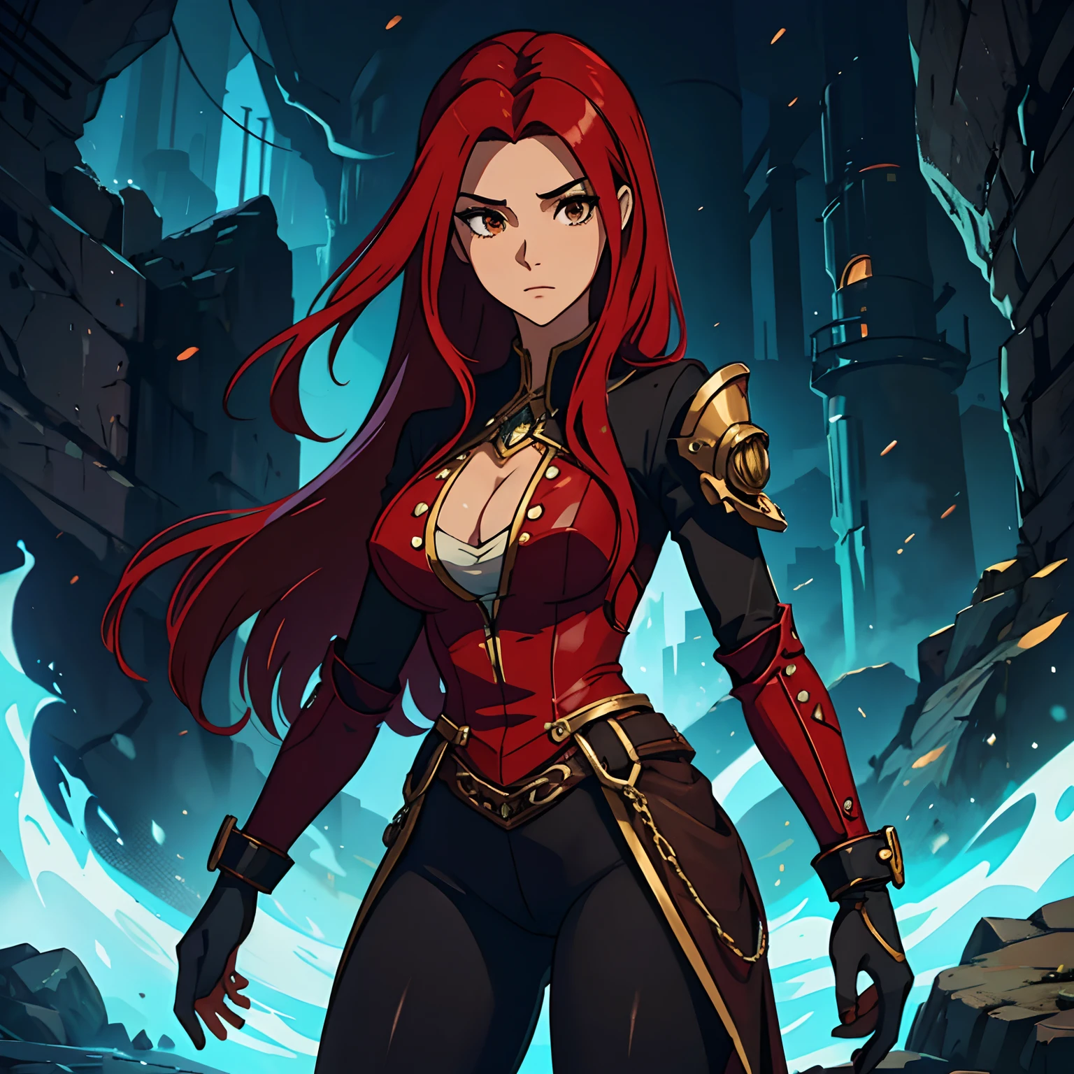 Erza Scarlet is one of the main characters in the series. The young woman with scarlet hair and brown eyes is described as an amazing woman, very strict and who does not admit when others make mistakes. She's a slender, Figura elegante com curvas bem desenhadas. Her costume is custom-made sexy steampunk style, a black pants, Botas pretas e brincos em forma de diamante, in high resolution, circunstanciado, qualidade hd. uma arte para um Jogo de rpg. non human.