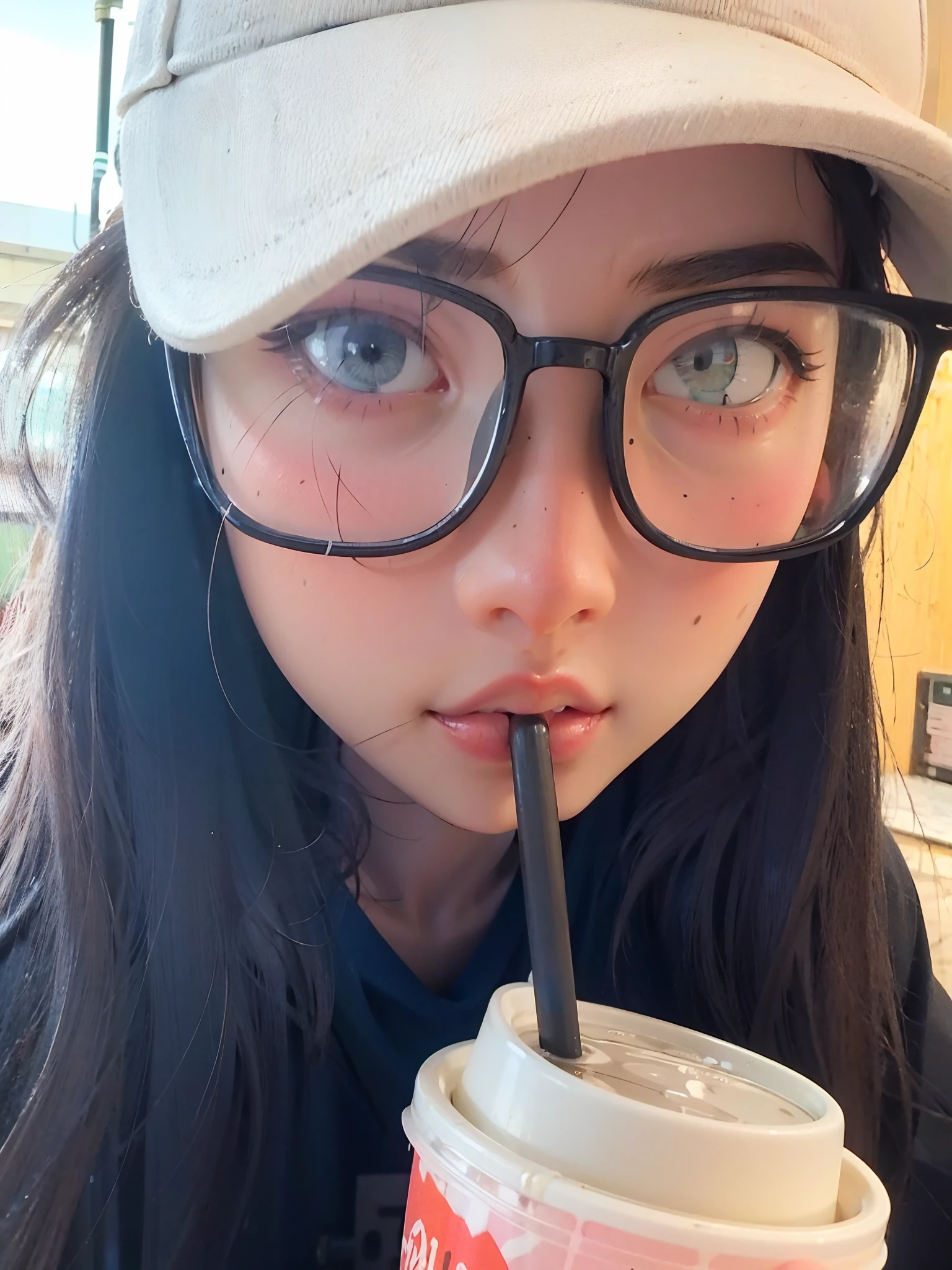 Woman wearing glasses and hat drinking drinks, drink boba tea, with a straw, 8k selfie photograph, Manhwa Style，adolable，looks into camera