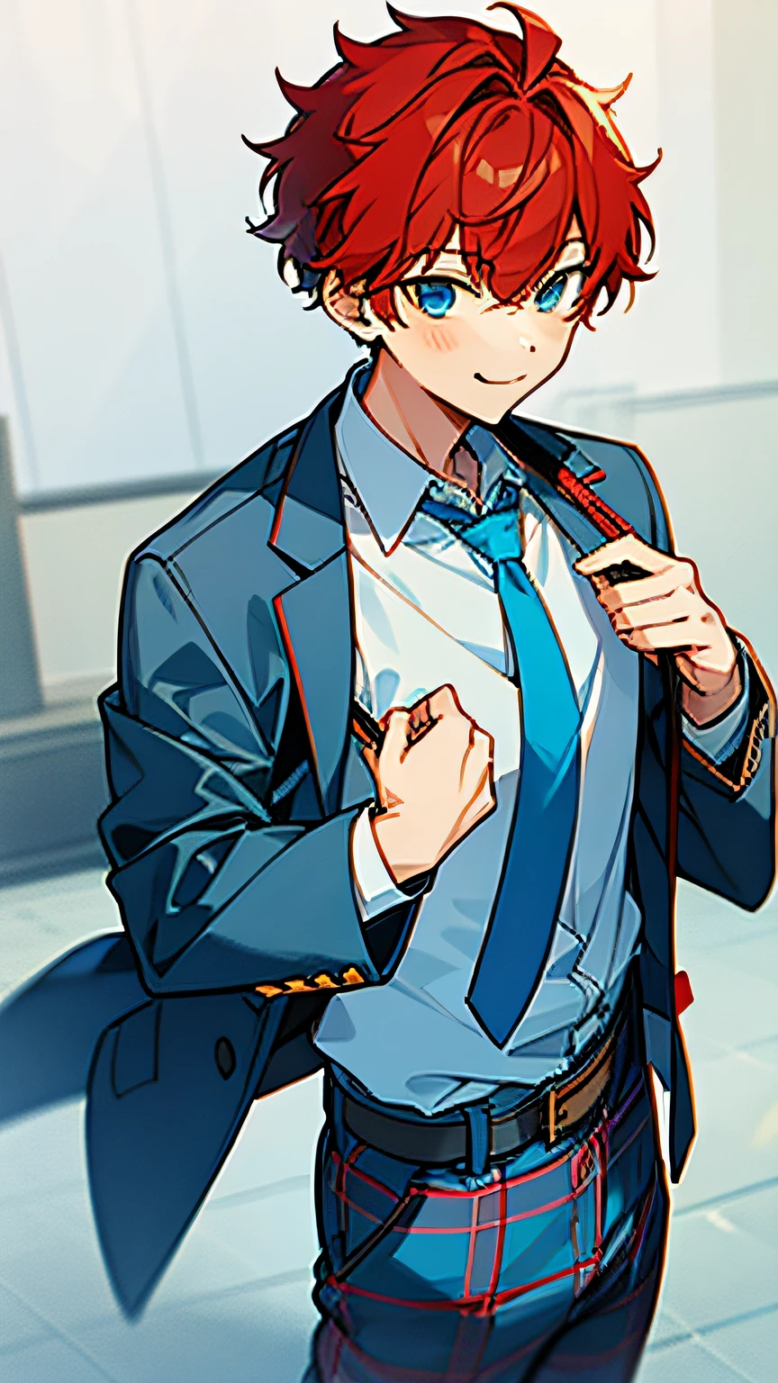 Amagi Hiiro, Boy, Red hair, 1boy, Pants, neck tie, Blue eyes, Solo, plaid pants, Looking at Viewer, Jacket, Smile, Shirt, Belt bag, cowboys_shot, White shirt, Bangs, greys_Pants, long_sleeves, Closed mouth, Collared_Shirt, ((Light blue jacket)), ((blue necktie)), School uniform