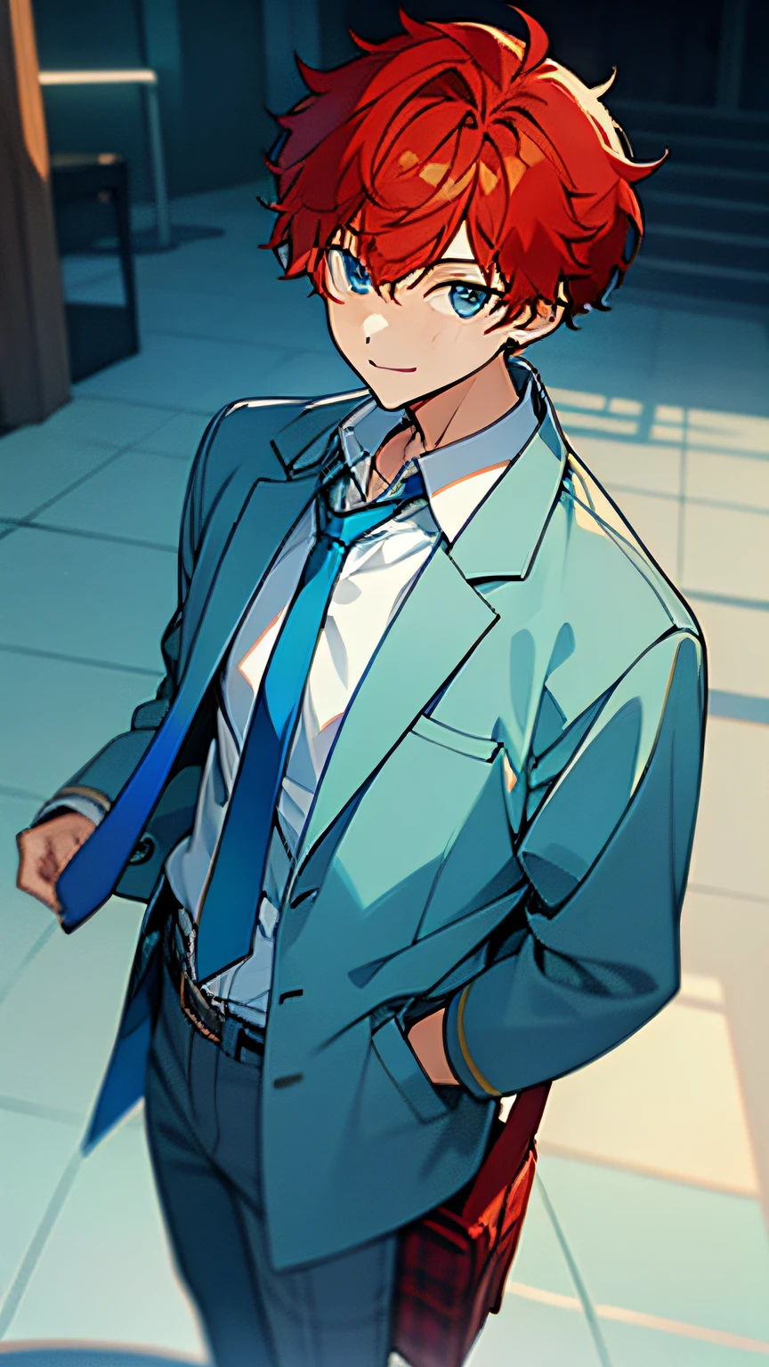 Amagi Hiiro, Boy, Red hair, 1boy, Pants, neck tie, Blue eyes, Solo, plaid pants, Looking at Viewer, Jacket, Smile, Shirt, Belt bag, cowboys_shot, White shirt, Bangs, greys_Pants, long_sleeves, Closed mouth, Collared_Shirt, ((Light blue jacket)), ((blue necktie)), School uniform