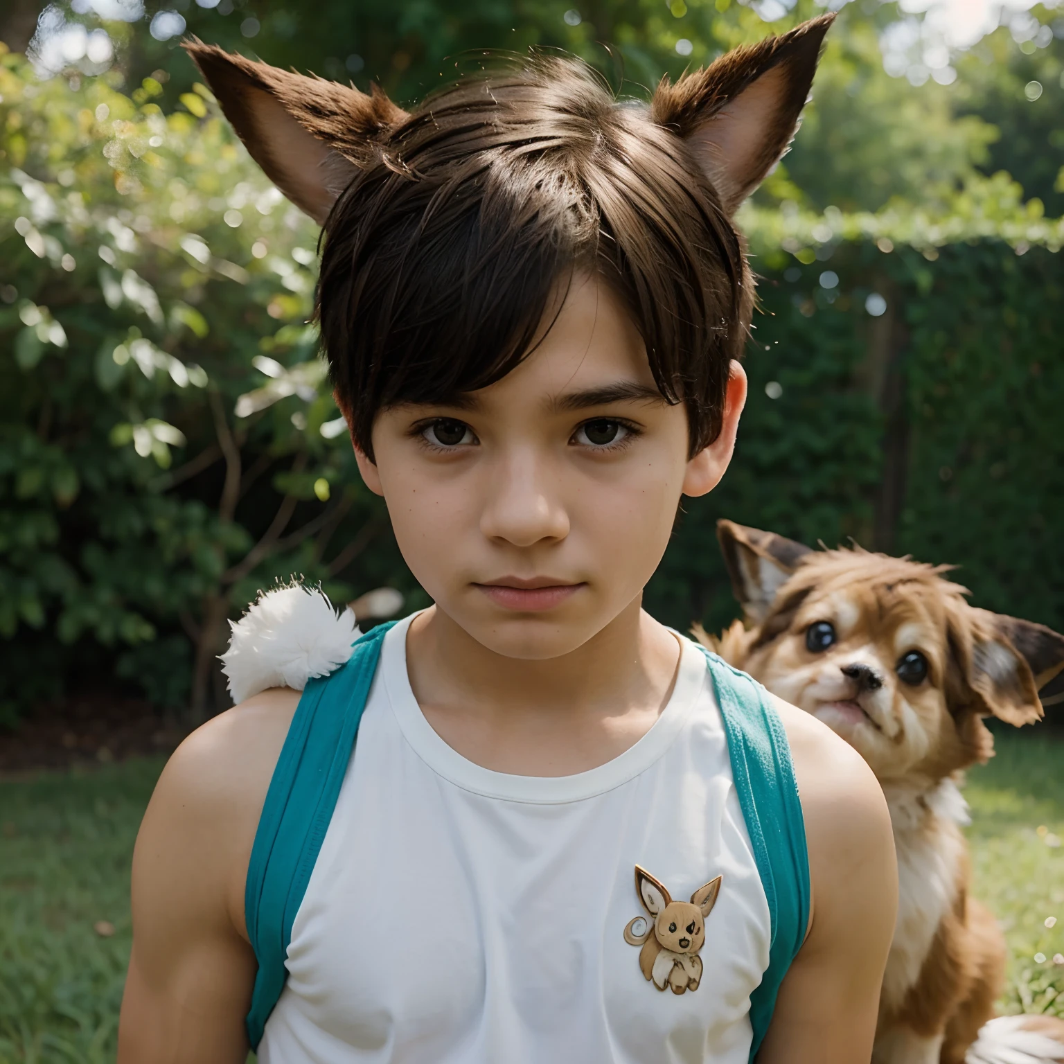 A boy with a Mash hairstyle with Eevee on his shoulders