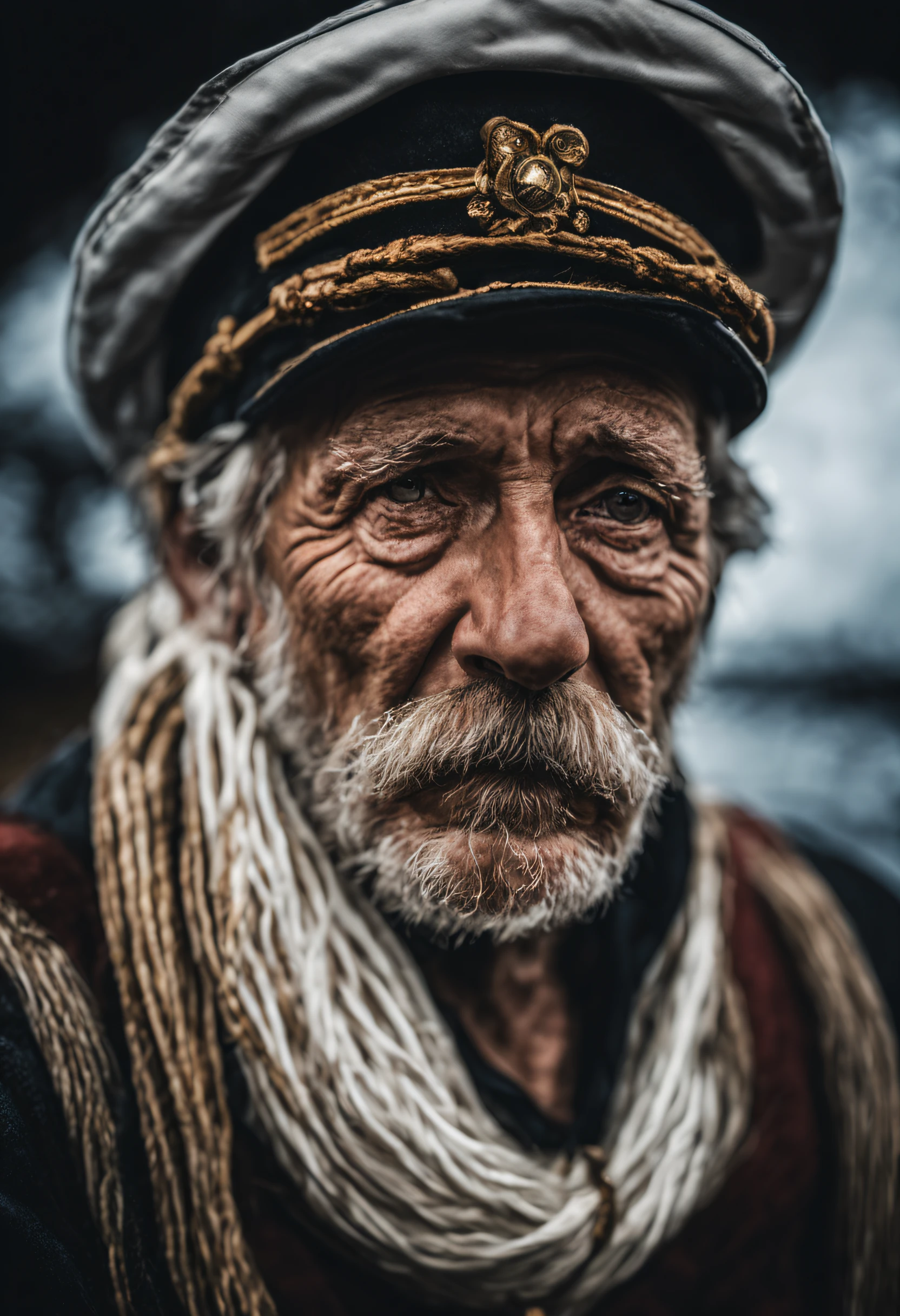 Award-winning portrait photo of a man, of an old story-telling sailor wearing a captain's cap, Augen in die Kamera gerichtet, (bokeh:0.7), seitlich beleuchtet, (faltiges Gesicht im Detail:0.7), Telebild, mondhell, Fackelschein, somber atmosphere, oceanic night outside, realistisch, Komplizierte Details, Echt gealterte Hautstruktur