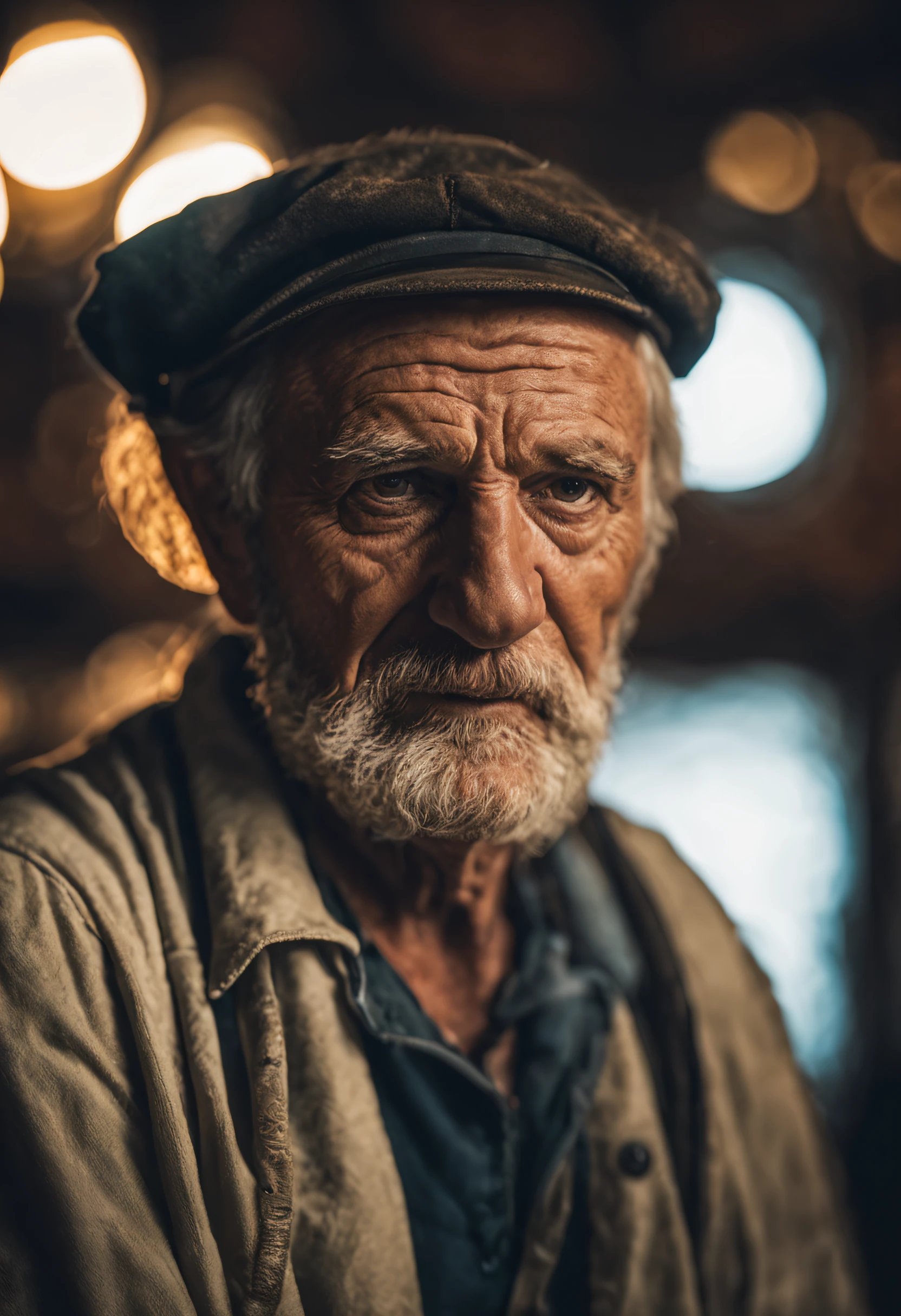 Award-winning portrait photo of a man, of an old story-telling sailor wearing a captain's cap, Augen in die Kamera gerichtet, (bokeh:0.7), seitlich beleuchtet, (faltiges Gesicht im Detail:0.7), Telebild, mondhell, Fackelschein, somber atmosphere, oceanic night outside, realistisch, Komplizierte Details, Echt gealterte Hautstruktur