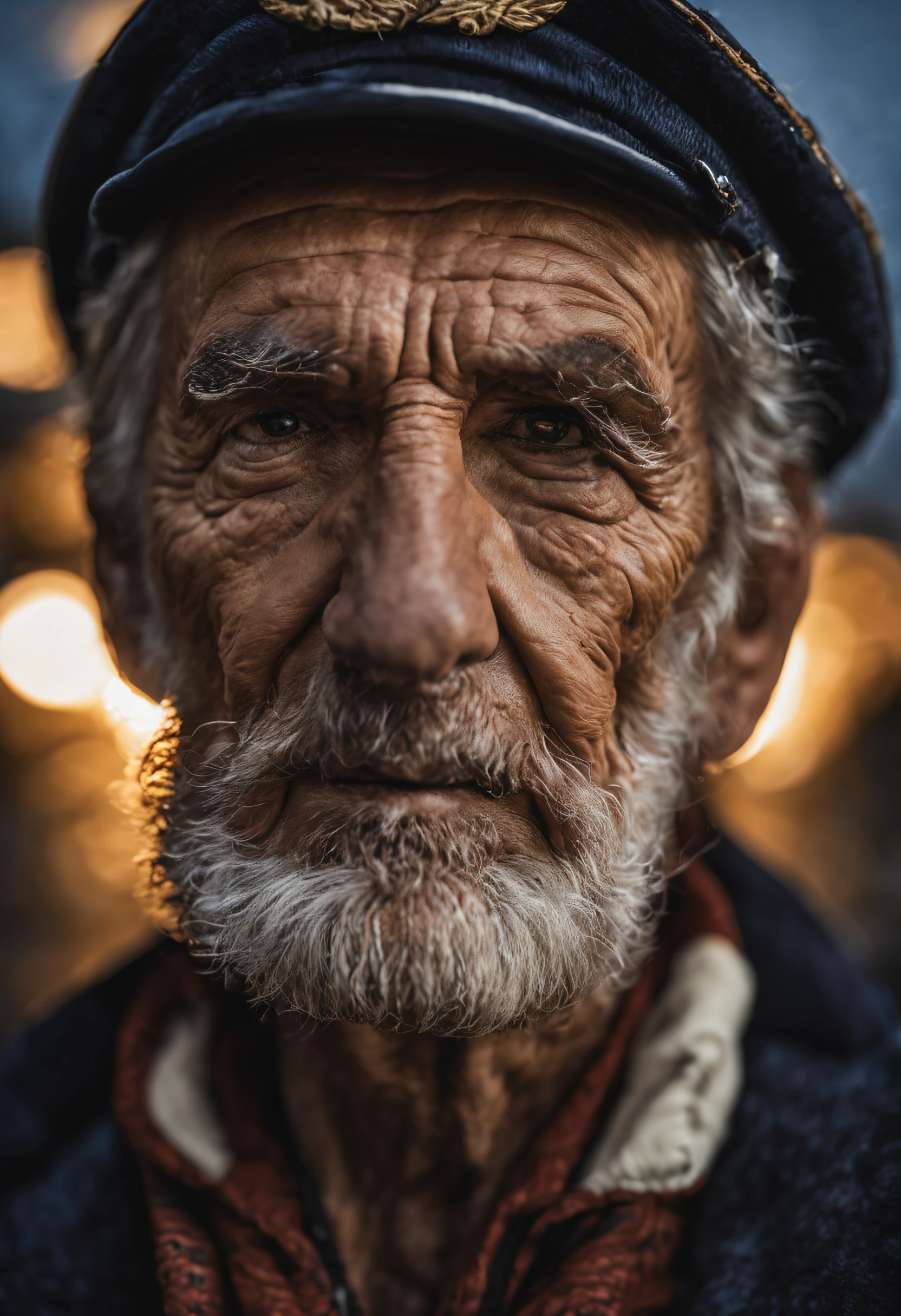Award-winning portrait photo of a man, of an old story-telling sailor wearing a captain's cap, Augen in die Kamera gerichtet, (bokeh:0.7), seitlich beleuchtet, (faltiges Gesicht im Detail:0.7), Telebild, mondhell, Fackelschein, somber atmosphere, oceanic night outside, realistisch, Komplizierte Details, Echt gealterte Hautstruktur