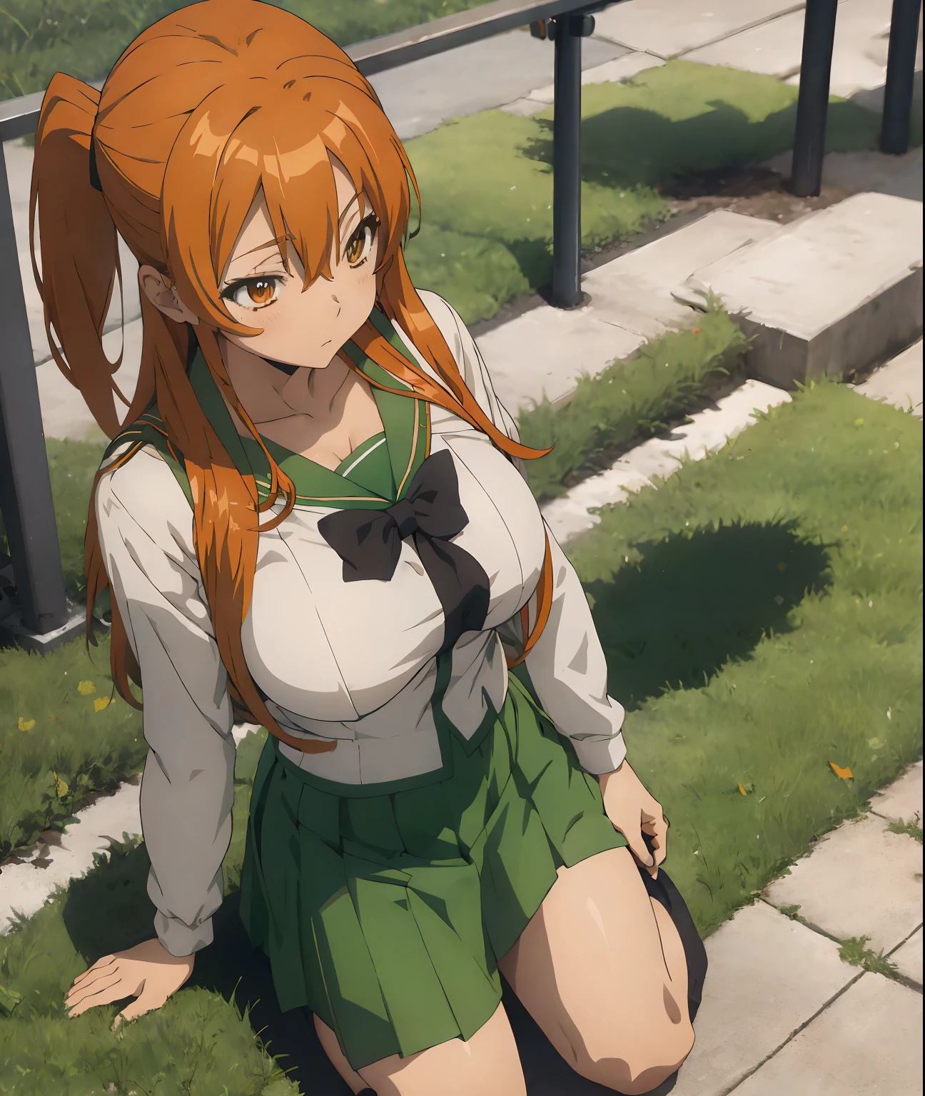 rei_miyamoto, orange hair, 
school uniform, green skirt, masterpiece, best quality, highly detailed, big breasts, unbottoned shirt, cleavage, white panties, full body, kneeling