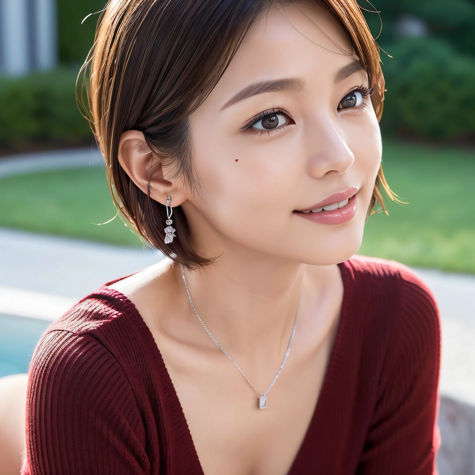 (8K, top-quality, ​masterpiece:1.3, 超A high resolution, A hyper-realistic), High Detail, (Face like the real thing), Photorealsitic, Raw foto, ((one beautiful women)), Detailed face, beautidful eyes, realisticeyes, Eyes in Beautiful Details, (real looking skin), Beautiful skins, enticing, depth of fields, hight resolution, High pixel count, ((Sideways face, Looking away, Don't look your audience in the eye, Don't look at the camera)), fashionable cafe, The background is also in the picture, clear details, sharp photo, Natural color reproduction, Noise Reduction, High fidelity, Small pendant in silver color, A small necklace in silver color, (Wine-colored light knit U-neck shirt, Neat and clean clothing, Clothing that makes it difficult to see the chest, Clothing that makes it difficult to see the chest, Clothing that hides the chest), small tits, Sexy lips, Ears are visible, a smile, kindly smile, Beautiful skins, enticing, the golden ratio, (Detal Face:1.2), profetional lighting, Lighting the face, best light, japanes, A Japanese Lady, Japan Mature Woman, a matural female, Short Bob Hair, ((36-years old, Beautiful, Wrinkles on the face, Wrinkles at the corners of the eyes, Nasolabial fold wrinkles, Small wrinkles, Beautiful, Beautiful Aunt, Moderate moles, Small mole on the face))