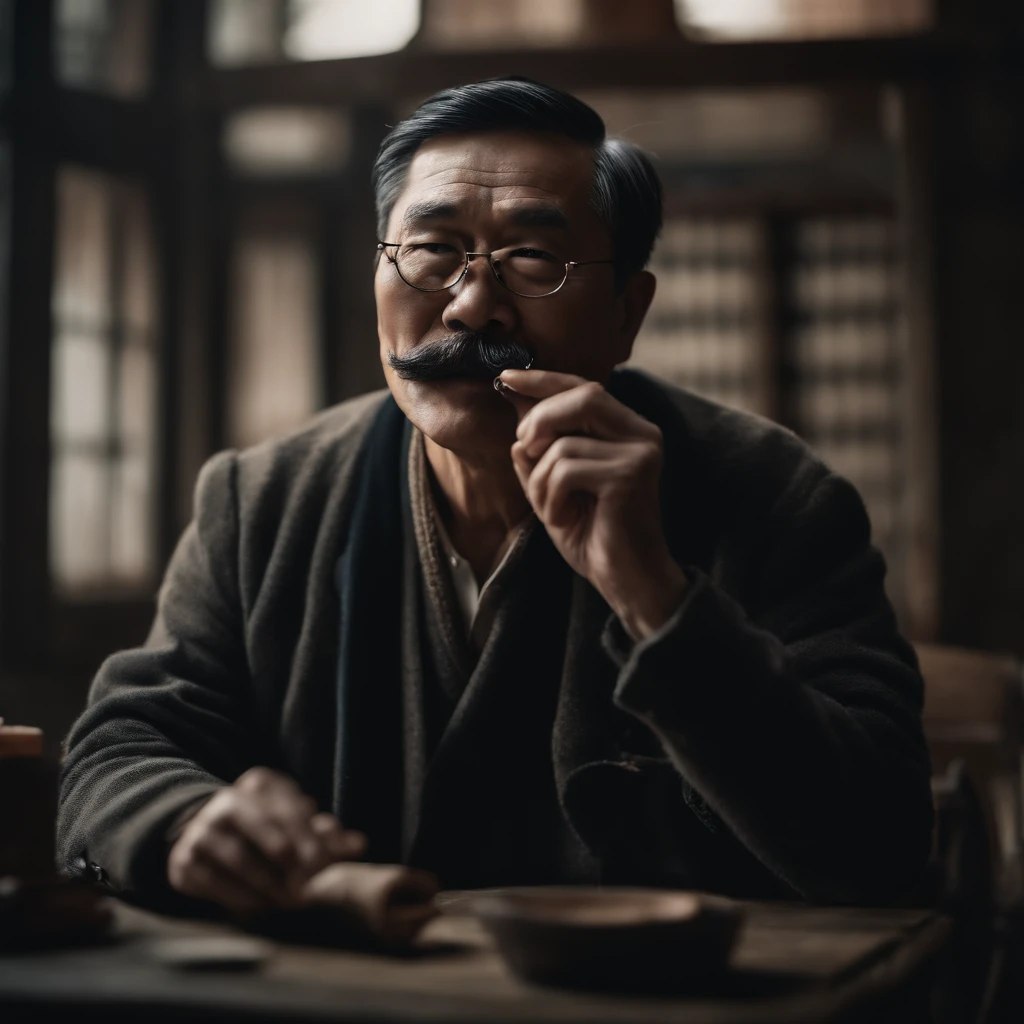 side view, uncle shandong, a chinese man in the age of 50 with eyeglass, with mustache and black hair, , super realistic happily play Harmonica