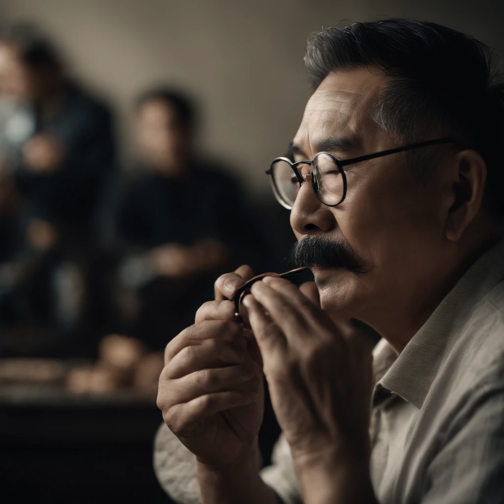 side view, uncle shandong, a chinese man in the age of 50 with eyeglass, with mustache and black hair, , super realistic happily play Harmonica