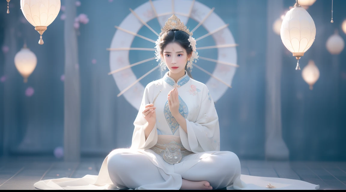 There is a beautiful goddess in the void meditating cross-legged on a large lotus flower，Perfect body posture，A meditative，Long curved eyebrows，Beautiful eyes sparkle，The large, Jewel-like eyes sparkle，Clear pupils have reflected light，二重まぶた，（（Plump and rosy lips）） Clearly visible，（（Flushed cheeks）），The mandible is plump，Fair skin is delicate and smooth，Delicate skin translucent，A delicate and dexterous crown，inlaid gemstones，Exquisite and ingenious，inlaid gemstones，Sitting on a light red lotus in the air，look straight at the camera，（（Pinch the stem of the lotus flower with one hand）），(((nice hand)))，（（（（Good feet））），（（（good legs））），realisticlying，white skinned，（（Correct body structure）），White clothing，decorated in white，Meditate on the lotus pose，baiyun，Blue sky，Head background with round light，Behind him is a colorful rainbow circle，Color glow is turned on，Front lighting，Positive light，No shadows on the face，There are no shadows on the body，Blue sky，Unreal space，ethereal world，dreamworld，with blue sky and white clouds，tmasterpiece，4K，ultra-definition，professional photoshooting，Perspective looks up，Standard lens shooting，