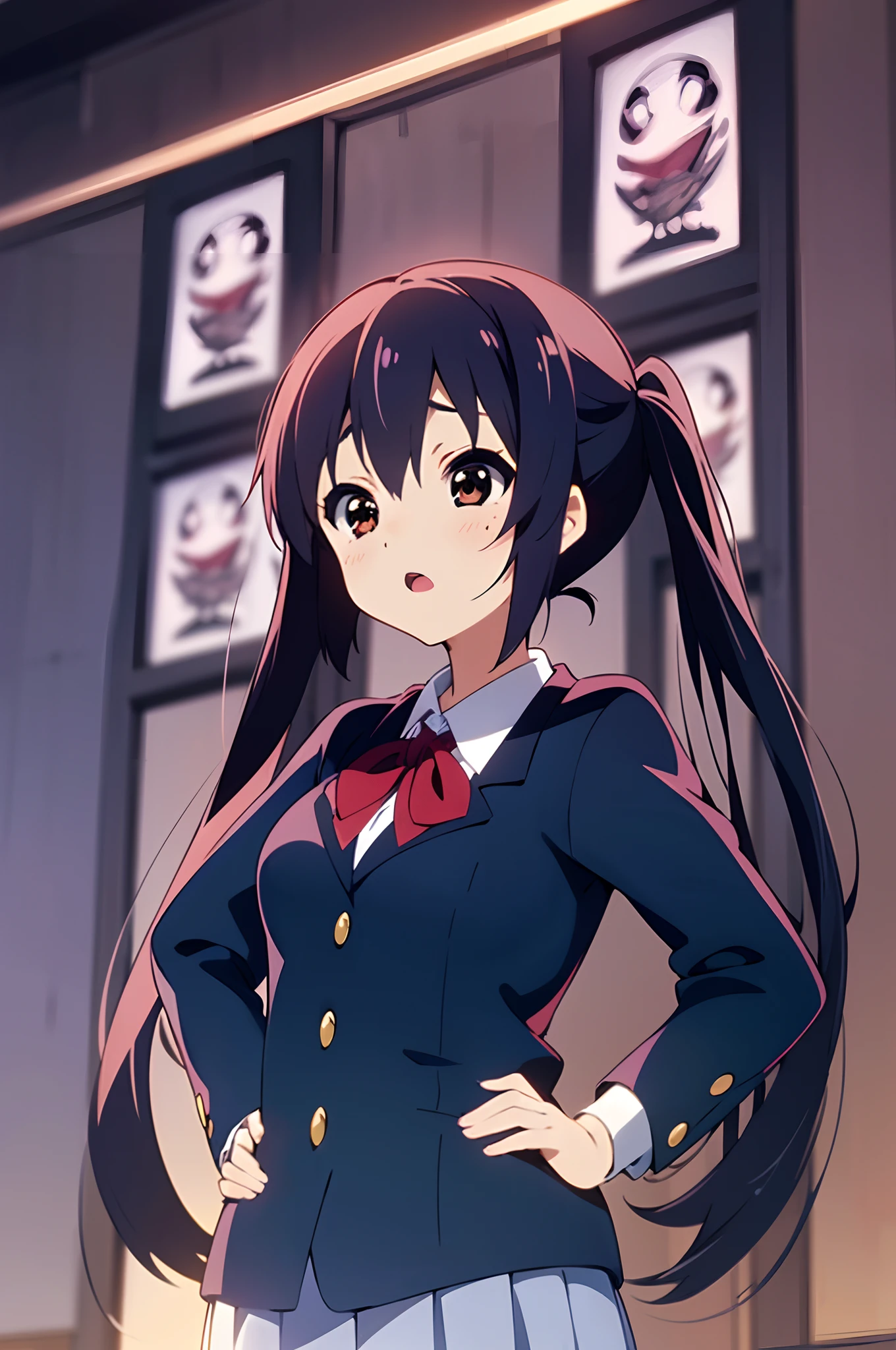 1girl, (((masterpiece))), highest quality, best quality, high detail, nakano azusa, 1girl, sakuragaoka high school uniform, school uniform, twintails, long hair, black hair, brown eyes, solo, red , a navy blue blazer with red narrow ribbon, a solid white buttoned shirt under the blazer, illustration, cartoon, soothing tones, calm colors, soft cinematic light, adobe lightroom, photolab, hdr, intricate, highly detailed, ((((depth of field)))). (((takeout))).dynamic focus.((big breasts)).(((Skyscrapers))).(((A city scape))).(((Face of sadness))). open mouth.(((put hands on the hip))).(((up chest))).((evening glow)).((the setting sun)).