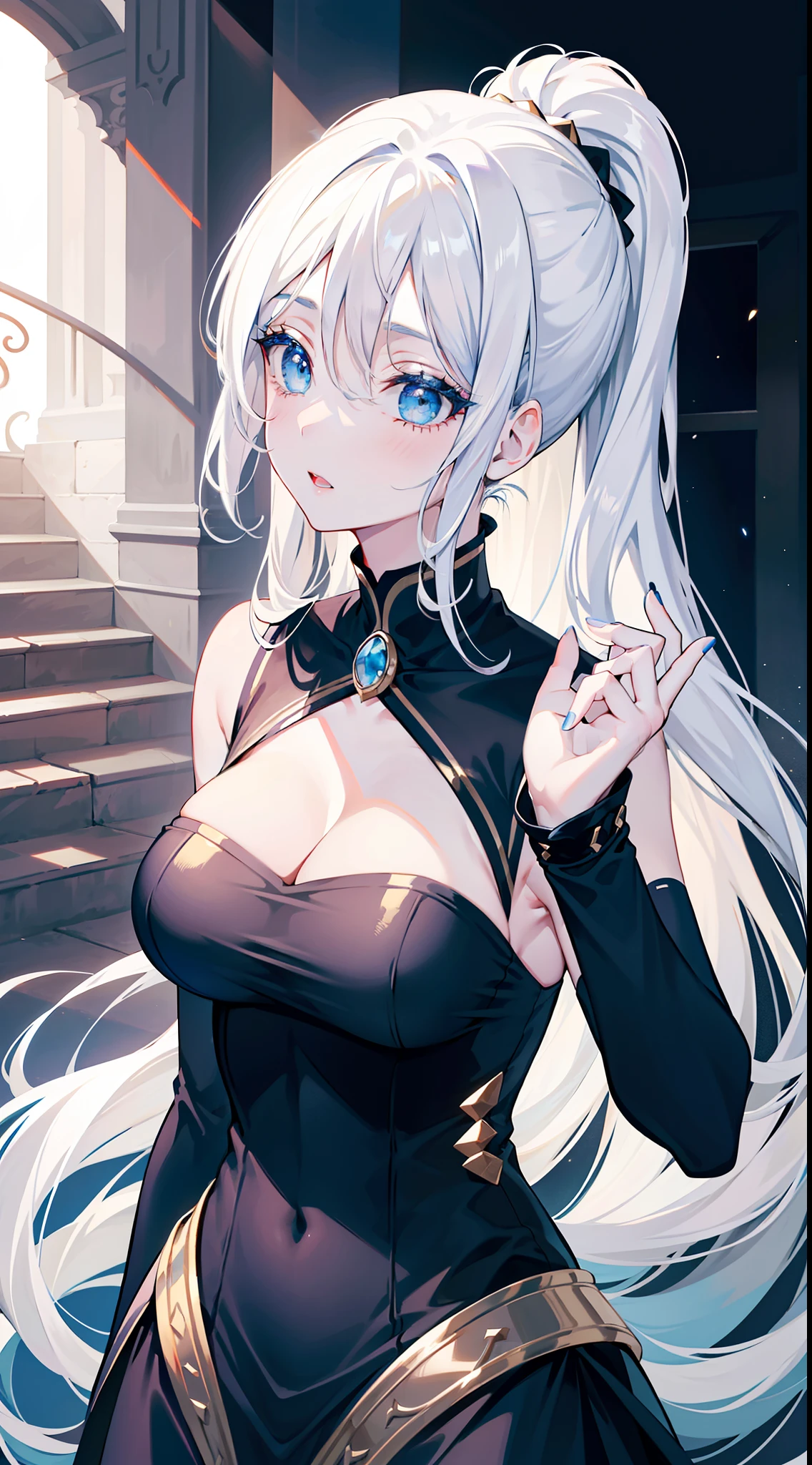 Grown-up girl, Long white hair, high ponytail, blue eyes, blue eye shadow, blue lipstick, black tight dress, Rich dress, Sleeveless, open breasts, Gold Elements, singing, Opera, Masterpiece, hiquality, 4k, HD, Good detail