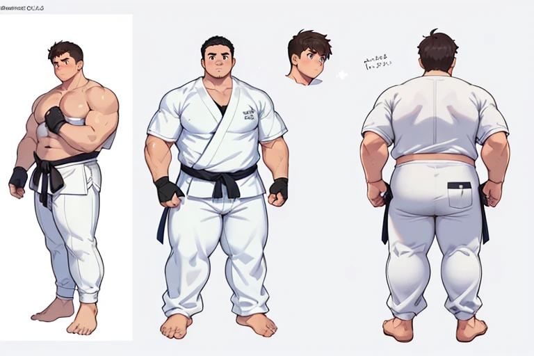 ((1boy_only, same_character, same_outfit)), charturnerv2, character_turnaround, character_sheet, ((3views)), reference_sheet, (chubby:1.2, stocky:1.2), ((white judo gi)), ((dougi)), barefoot, ((long pants)), (bara:1.2), (shota:0.25), buzz_cut, full body shot, ((cool, cute, awesome)), (fingerless gloves), (chubby_face:0.8), (solid_background)