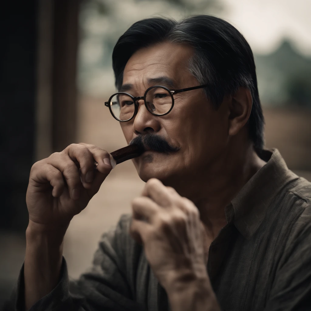 side view, uncle shandong, a chinese man in the age of 50 with eyeglass, with mustache and black hair, , super realistic happily play Harmonica