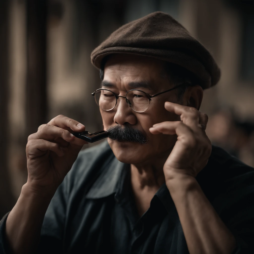 side view, uncle shandong, a chinese man in the age of 50 with eyeglass, with mustache and black hair, , super realistic happily play Harmonica