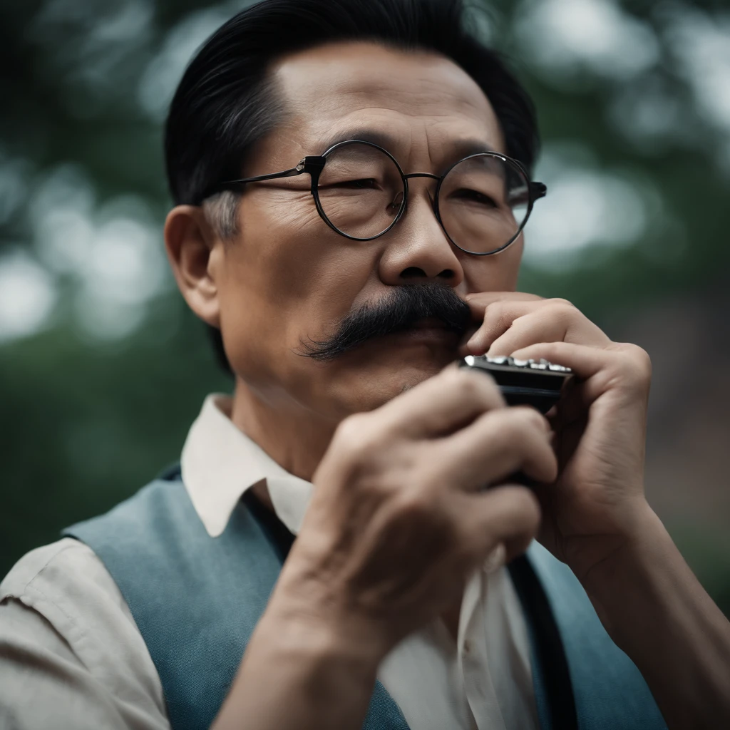 side view, uncle shandong, a chinese man in the age of 50 with eyeglass, with mustache and black hair, , super realistic happily play Harmonica