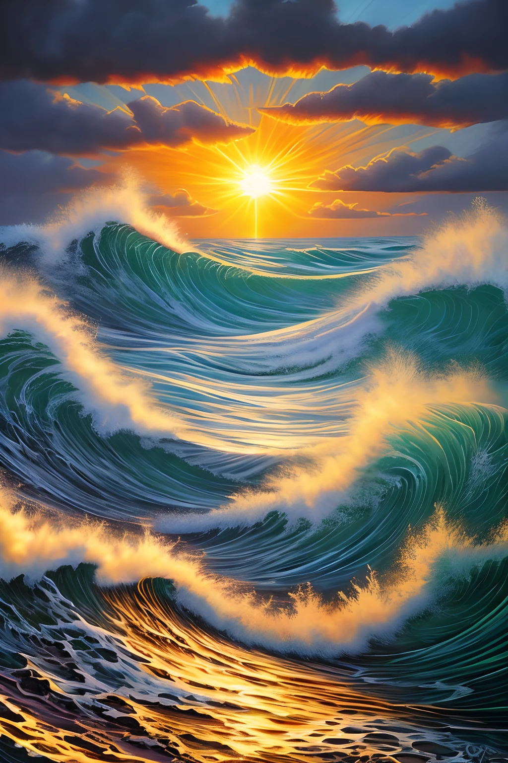 a painting of sun with face, waves of energy from su , clouds and wings and waves, lsd waves, by Opie ortz , sun over the sea, artwork , tattoo painting style, opie ortz artwork