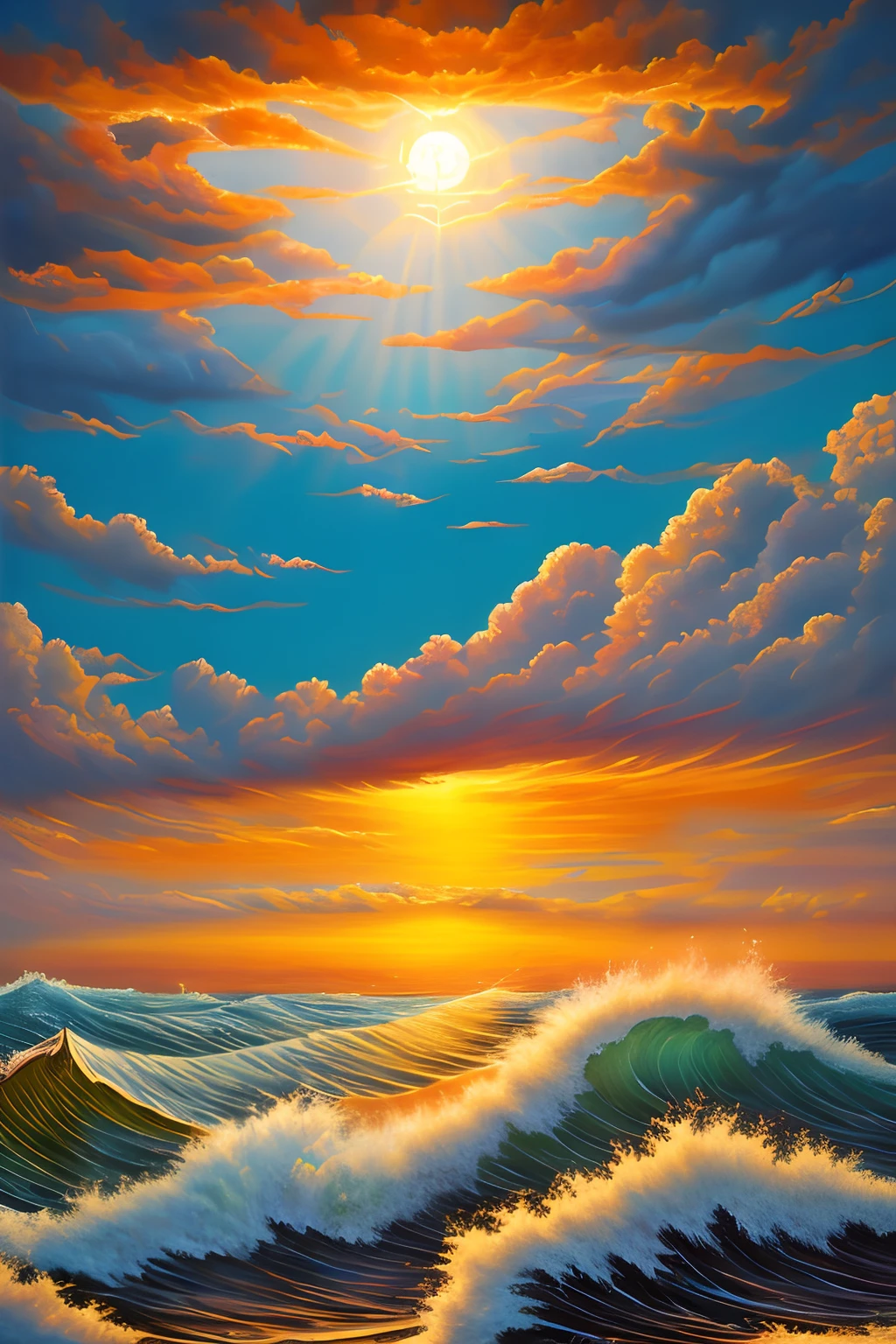 a painting of  sun with face, waves of energy from su , clouds and wings and waves, lsd waves, by Opie ortz , sun over the sea, artwork , tattoo painting style, opie ortz artwork
