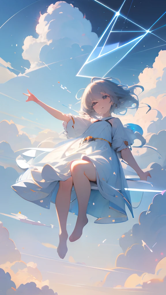 (Best Quality,4K,8K,high resolution,masterpiece:1.2), ultra-detailed,(realistic,photorealistic:1.37), cloud girl, girl floating in the sky, beautiful detailed eyes and pupils, fluffy clouds, radiant and joyful expression, soft lighting, (Bauhaus, geometric, abstract:1.1), beautiful background, absurdres, texture, intricate details, full body