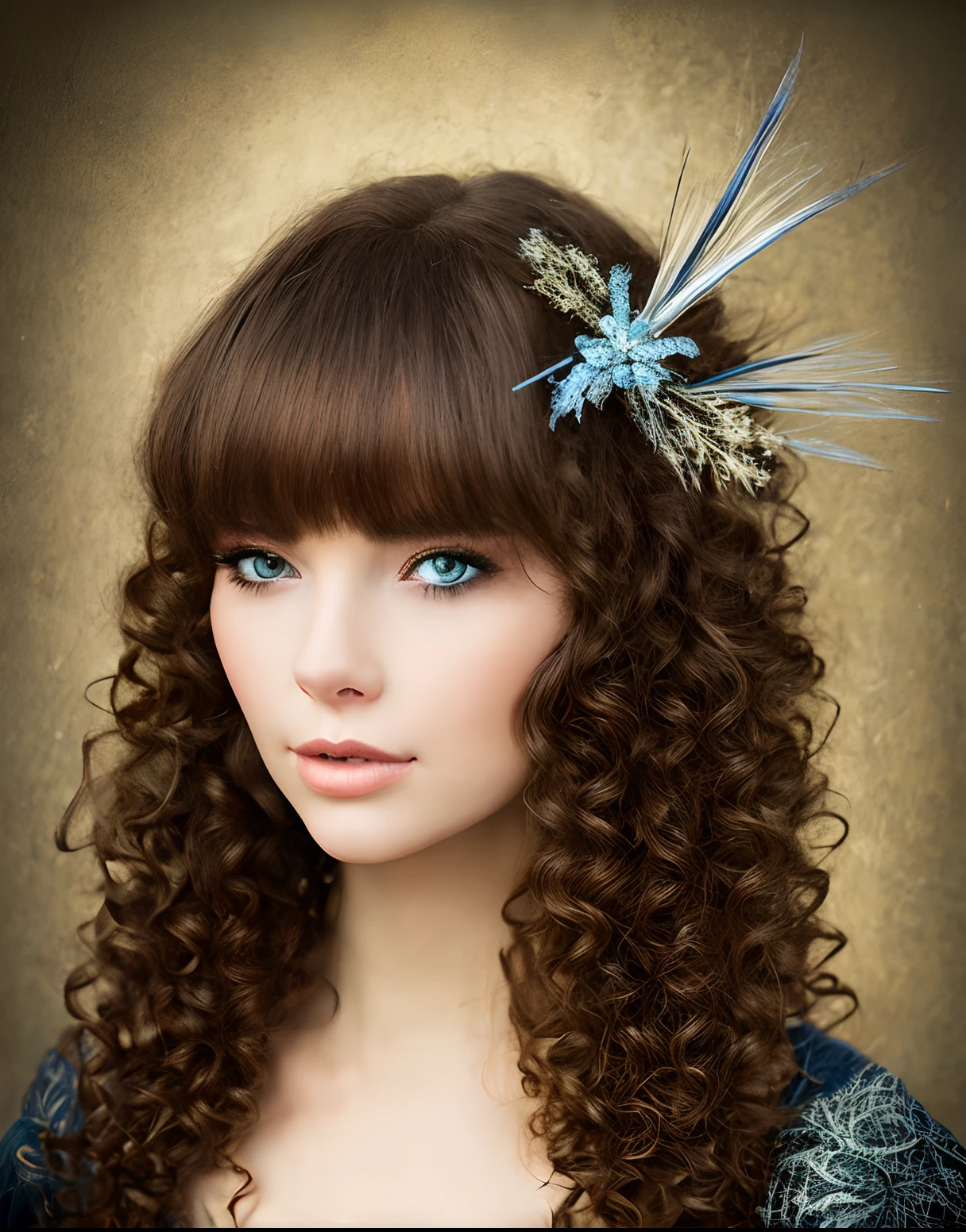 Young brunette woman curly brown hair with bangs, yeux bleu clair avec long cils, medieval, Female warrior, cheval isabelle