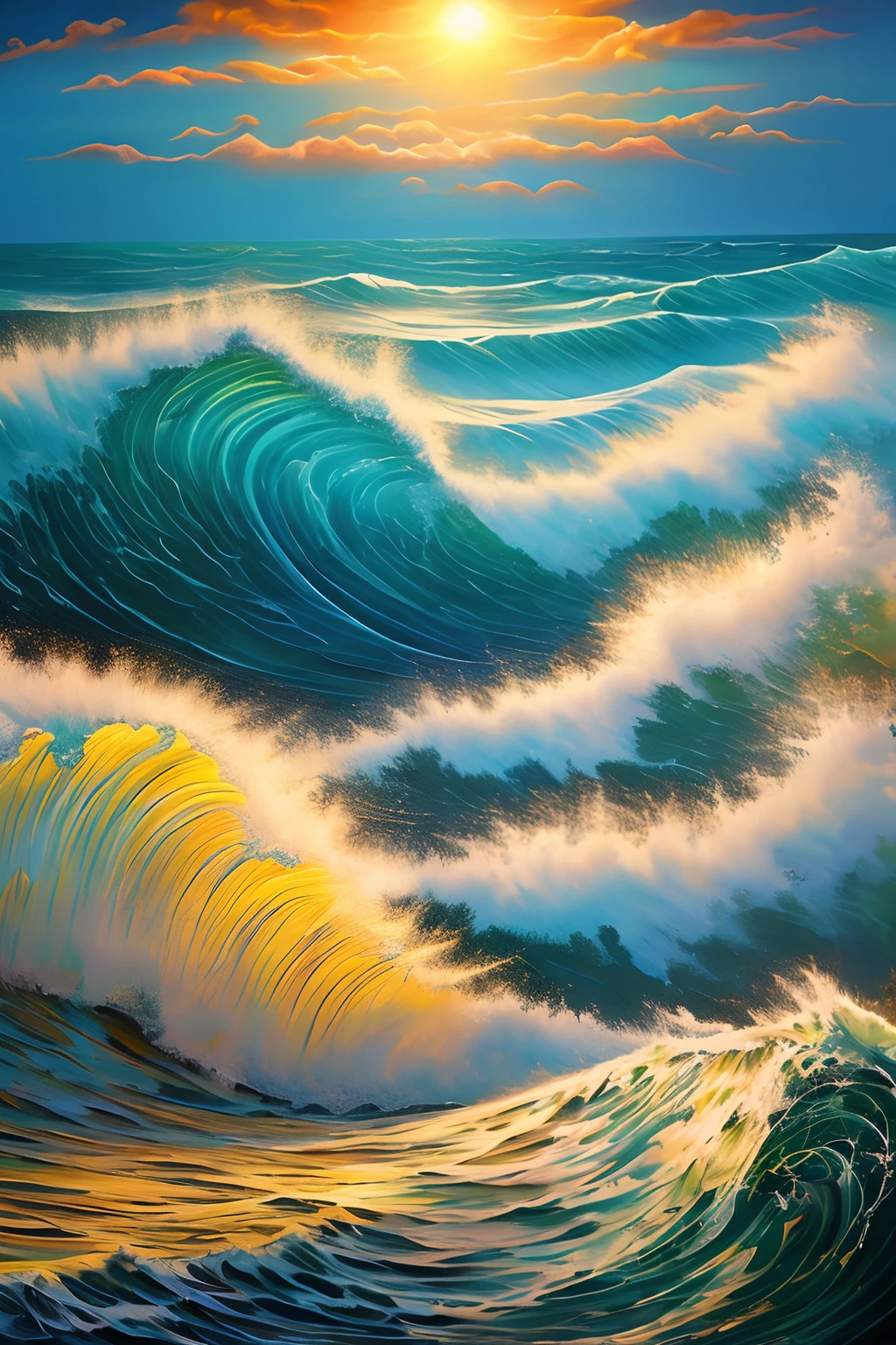 a painting of sun with face, waves of energy from su , clouds and wings and waves, lsd waves, by Opie ortz , sun over the sea, artwork , tattoo painting style, opie ortz artwork