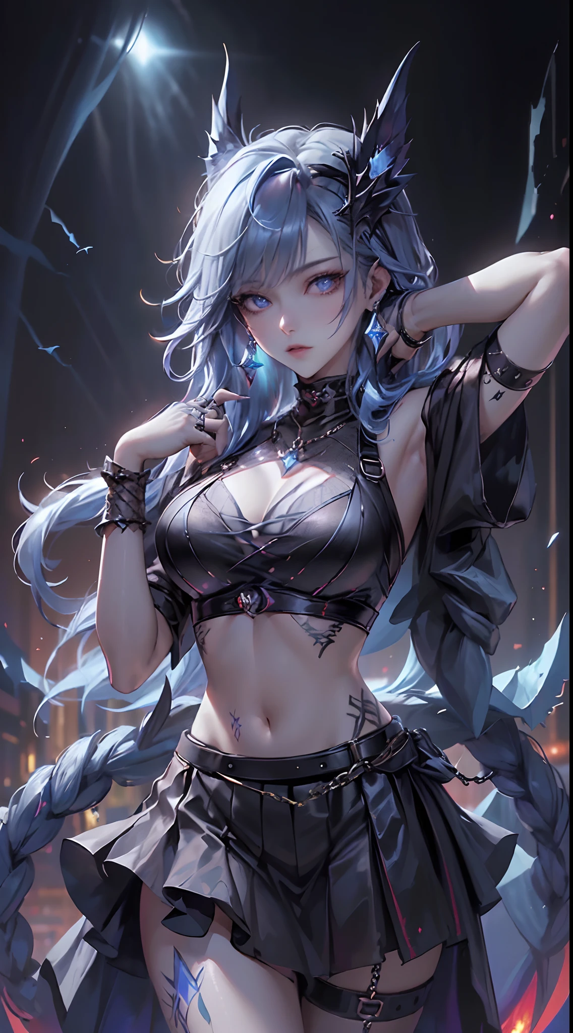 top-quality、Top image quality、masterpiece、girl with((18year old、Dark clothing、Dark bra、Dark skirt、 Best Bust、Bust 90、Blonde Shorthair、Blue eyes、open chest wide、Valley、Happiness、A slender、Provocative behavior、Evil face、Handcuffed、High laughter、Skull Tattoo、Tattoo of roses、Targeting your audience、Tighten blue rose hair、Aura of Darkness,Dark Forces,blue flames、Chain Accessories、Black wings、Black manicure、Black whip、Wearing the Vibration of Darkness))hiquality、Beautiful Art、Background with((prison、Dark impression、nightcity,Red sky、Many bats、many chains、the magma、Bright red earth))、masutepiece、Elaborate design、visualart、dark art, Colossal tits