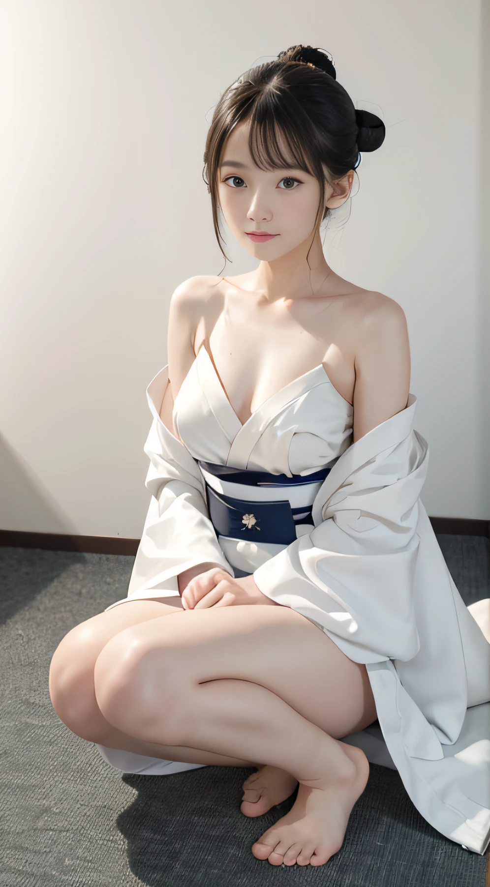 (masutepiece, Best Quality:1.4), Beautiful face, 8K, ************, 85 mm, absurderes, White theme, (full body, Bare Shoulders, Hanfu,:1.4), close up of face, violaceaess, gardeniass, fullnude,slender, Delicate girl,*****************, Solo, Looking at Viewer, Bare Shoulders, Hanfu, (Smile:0.6), Cinch West, thin waist, ****, Bun hair, Film grain, chromatic abberation, Sharp Focus, face lights, Professional Lighting, Sophisticated, (Smile:0.4), in room, (White wall, Simple background, Bokeh background:1.3), Detail Face