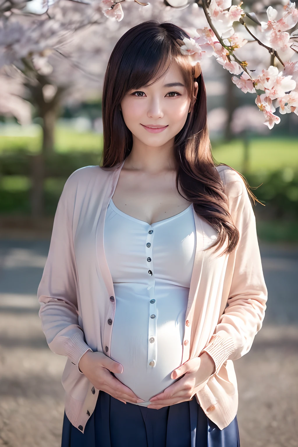 ((1人の女性,1 female,Pregnancy,pregnant woman)),((((Cardigan,Formal blouse,It's pants)))),((Stand in front of the school gate,It is a very large school,School Grounds,Outdoor Schools,The background is cherry blossoms in full bloom,There are many cherry blossoms blooming in the school,Perfect makeup, Large school building,Respectable Schools,Looking at the camera,a high chroma,Sparkling sunset,Romantic sunset,Beautiful sunset,brilliant sunset,The most beautiful faces in Japan,adultlike face,smil,A smile,Big smile,Staring at this,Faces close,Staring at this,Very Longhair,Slimed,Colossal tits,Breasts are big,Emphasize the bulge of the chest,super-fine,beautiful hairl,Transparent photos,Introducing Japan's most beautiful face in detail,View here,Perfect fingers,face perfect,细致背景,Fair skin,Crystal clear white skin,Perfect fingers,细致背景,top-quality,The ultra -The high-definition,Perfect Anatomy,high-definition RAW color photography,professional photograpy, Very delicate, Extremely detailed,finely detail, Huge file size,Top image quality,8K,Award-Winning Works,masutepiece,Professional filming