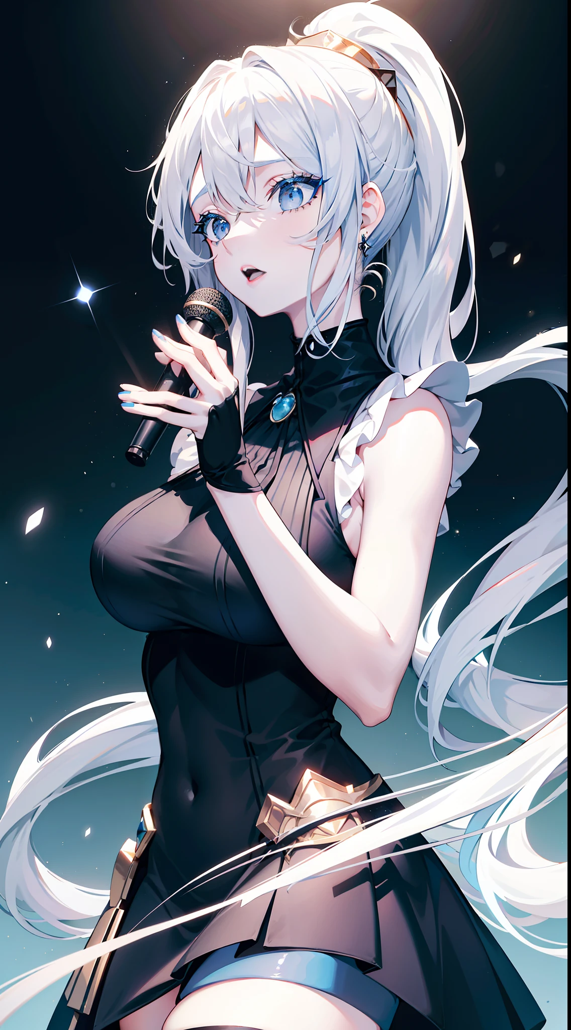 Grown-up girl, Long white hair, high ponytail, blue eyes, blue eye shadow, blue lipstick, black tight dress, Rich dress, Sleeveless, open breasts, Gold Elements, singing, Opera, Masterpiece, hiquality, 4k, HD, Good detail