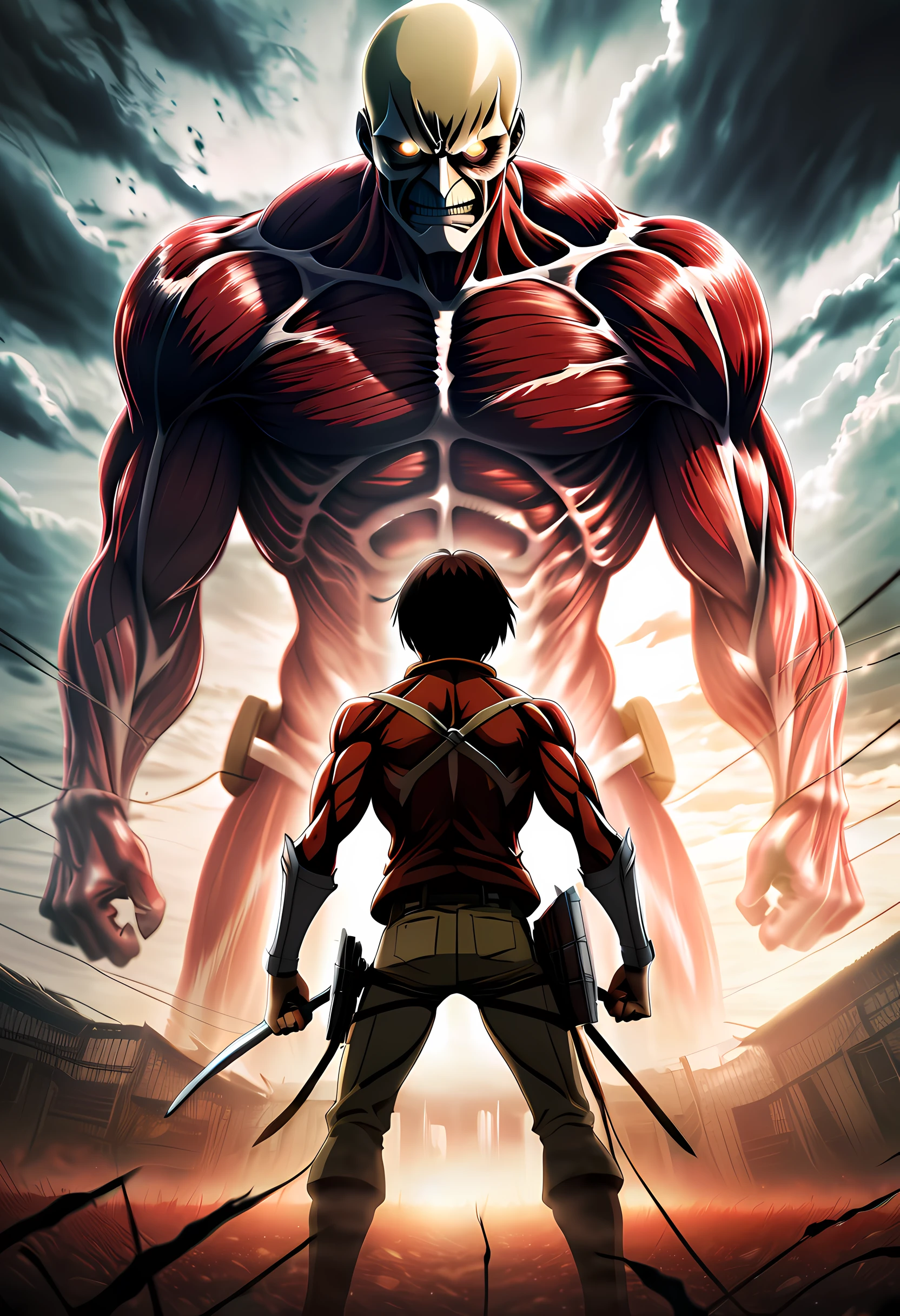 Photography of Eren Jaeger, the protagonist of Attack on Titan, depicted in a moody movie poster. Eren stands in the foreground, dressed in a rugged Paradis Island uniform and equipped with ODM gear, ready for battle. His expression is one of intense fear and determination as he looks up at the colossal titan towering above him. The lighting is dark and ominous, casting eerie shadows on Eren's face and highlighting the colossal titan's menacing presence. This poster captures the intense atmosphere and high stakes of the Attack on Titan universe, leaving viewers on the edge of their seats