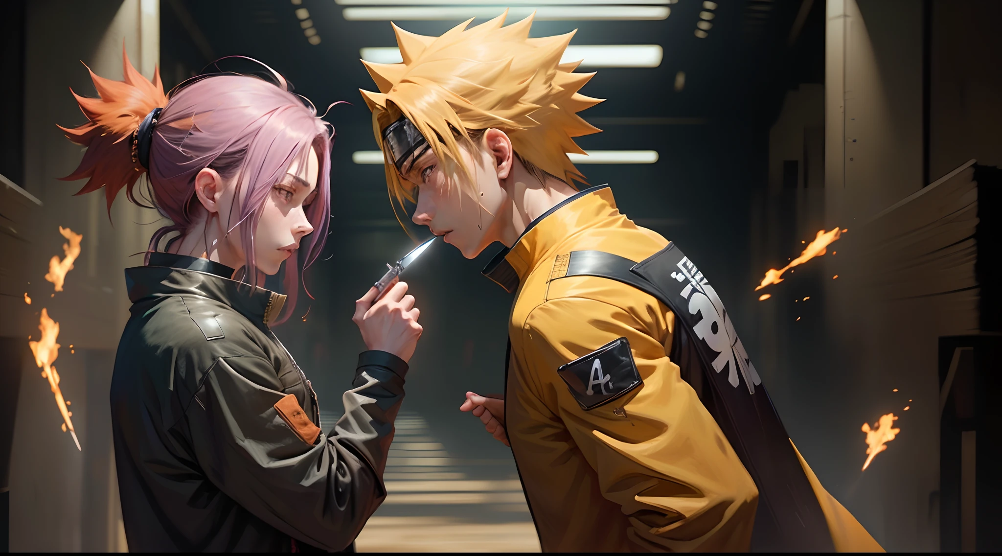 Image of Naruto and Sasuke during a fight with knife guns. Beide bluten leicht, Naruto im Gesicht und Sasuke am Arm. Im Hintergrund ist auf Sasukes Seite eine eher lila-violette Belichtung vorhanden, while Naruto has a more orange exposure.