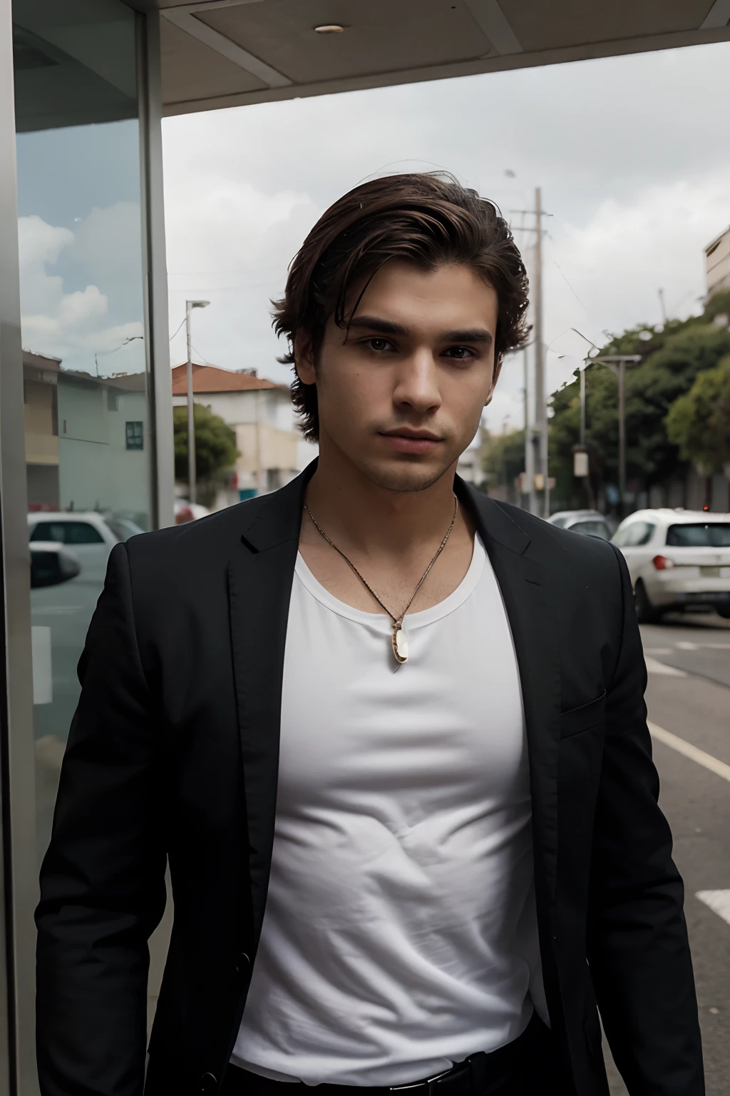 um jovem de 23 anos cor branco, cabelo castanho escuro cacheado raspado burr, novo e bonito, de 23 anos, e com estilo sofisticado, Sporting a black suit and wearing a black watch. Ainda parece um modelo masculino, e deve acumular admiradores em todas as partes em que se encontra. realistic ultra realistic, cinematic 8k