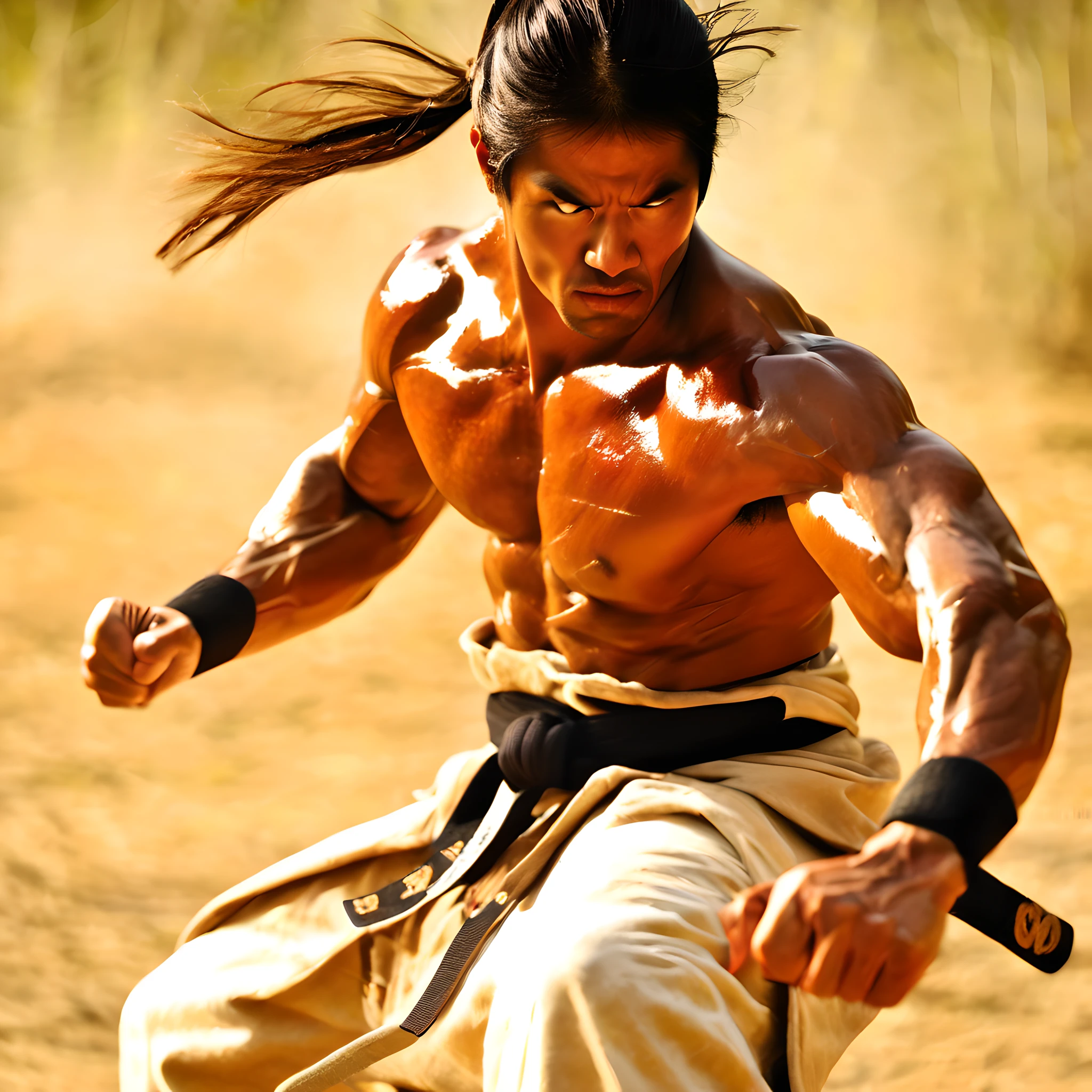 Capture the essence of a skilled warrior with this captivating prompt for a photography of a warrior, executing a precise and powerful strike , in a serene natural setting. The composition freezes a moment of intense focus and skill, as the warrior showcases their mastery of their chosen martial art form. The weapon they wield, whether it be a sword, staff, or a pair of nunchaku, becomes an extension of their body, moving with grace and precision. The natural setting adds a sense of tranquility and harmony, contrasting with the warrior's fierce determination and strength. The use of natural lighting and a shallow depth of field highlights the warrior's form and adds a sense of dynamism to the photograph. Photographed by renowned martial arts photographer Howard Schatz，anatomy correct