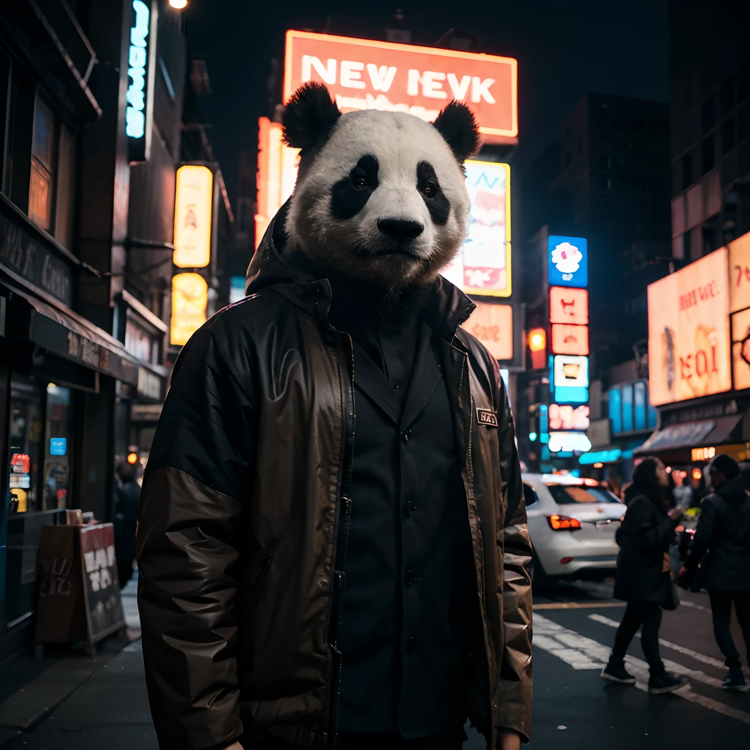 A panda, wearing detective clothes, brown clothes, looks mysterious, in New York, neon lights, high quality. High detail, 8k