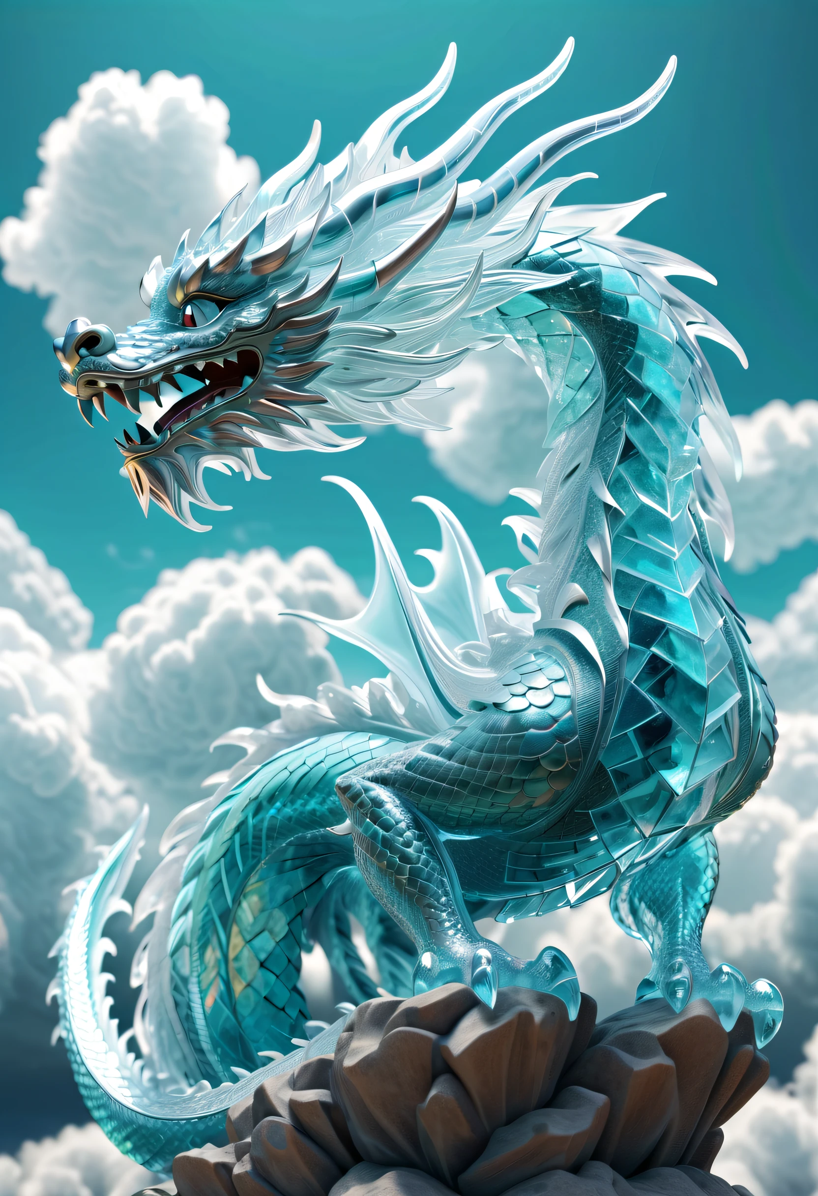 A dragon statue made of clear crystal, Looks more docile，a dragon made of clouds, Crystal Dragon,Transparent material，smooth chinese dragon, cyan chinese dragon fantasy, cloud in the shape of a dragon, Chinese Dragon, Dragon in the sky, depicted as a 3 d render, Dragon, Highly detailed digital art