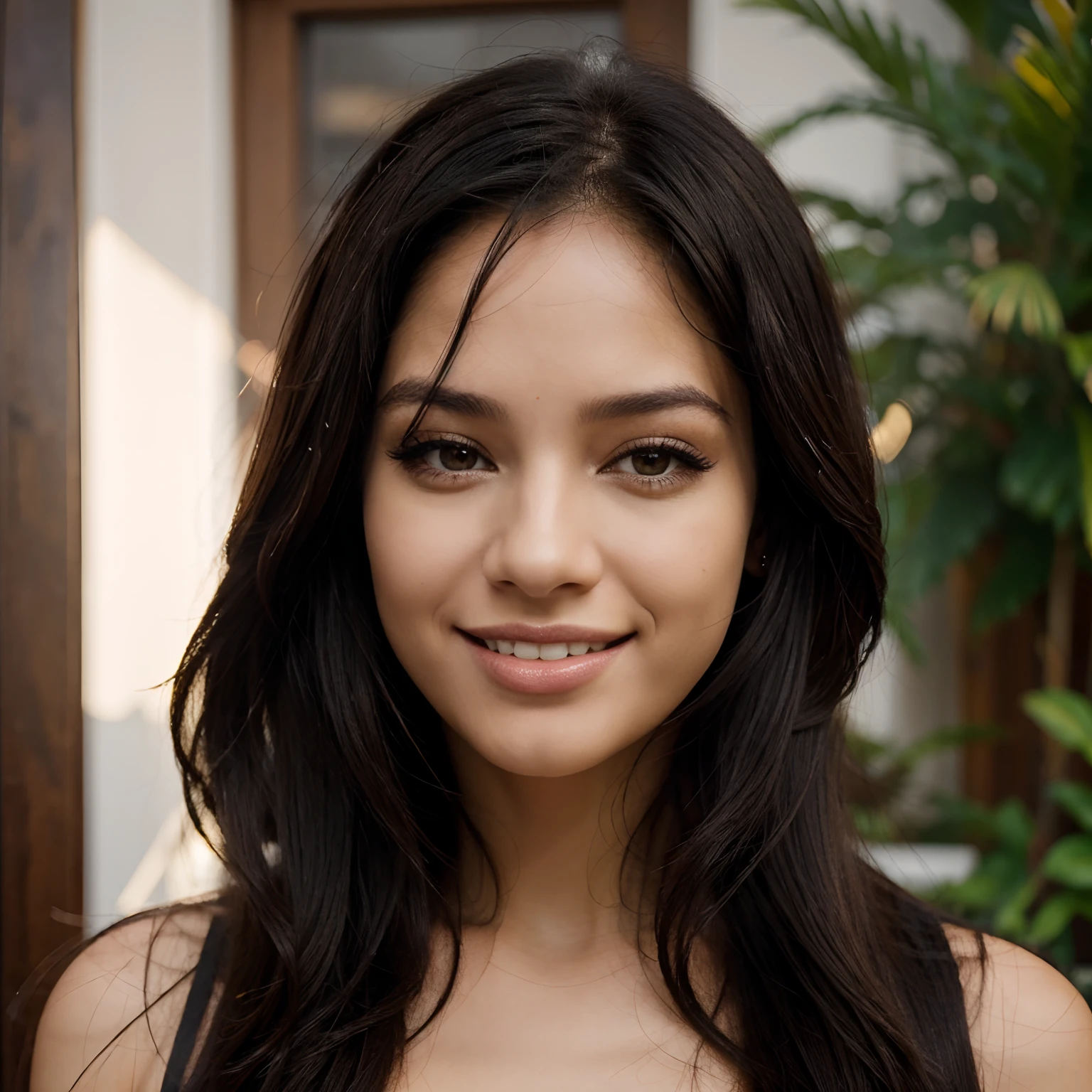 Modelo realista cabello mujer cabello negro amplia sonrisa rizado y largo, elegante maquillaje suave