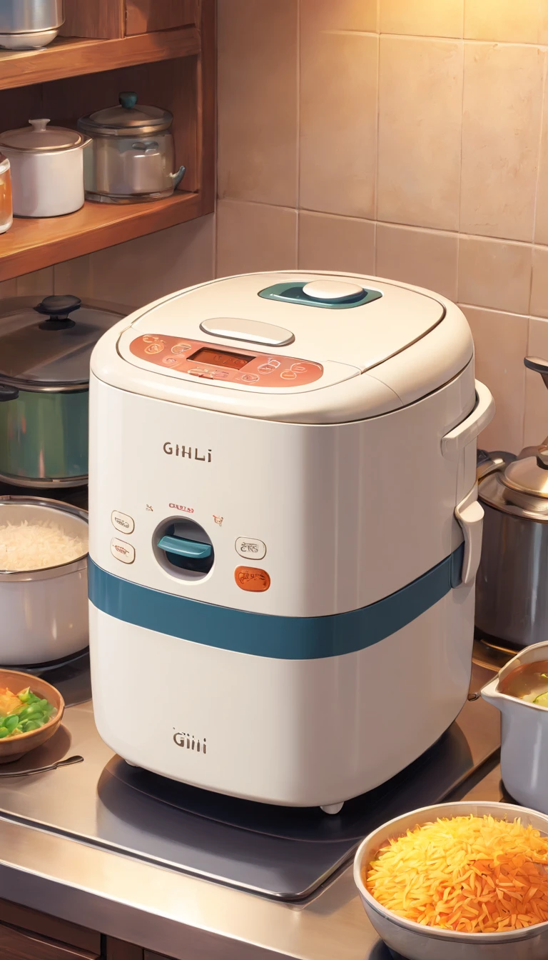 Kitchen cabinets，Close-up of a normal rice cooker，No Man，3D, 8K, Highly detailed, digitial painting, , illustration, art,3D style Pixar animation, friendly,