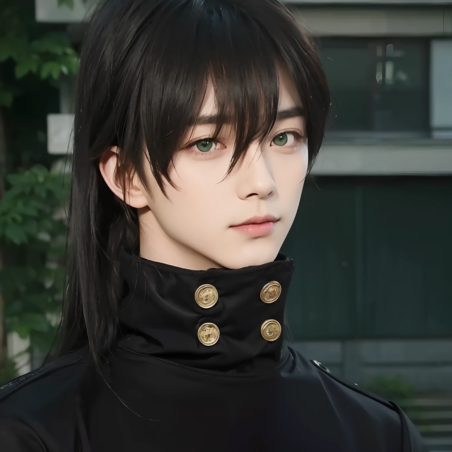 A man with long, realistically tied black hair, the exact same hairstyle, realistic green eyes,Realistic Korean handsome face, realistic cool expression, adapt exactly the same clothes,Realistic light, realistic shadows, realistic backgrounds, realistic outdoors,Realistic sharp eyes