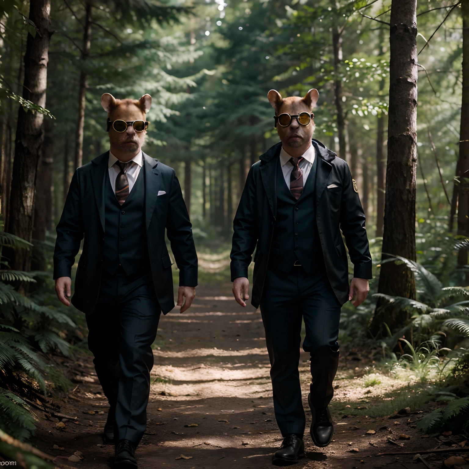 2 hamsters, wearing detective clothes, wearing googles, loook funny, in a forest , high quality, high detail, 8k, neon lights