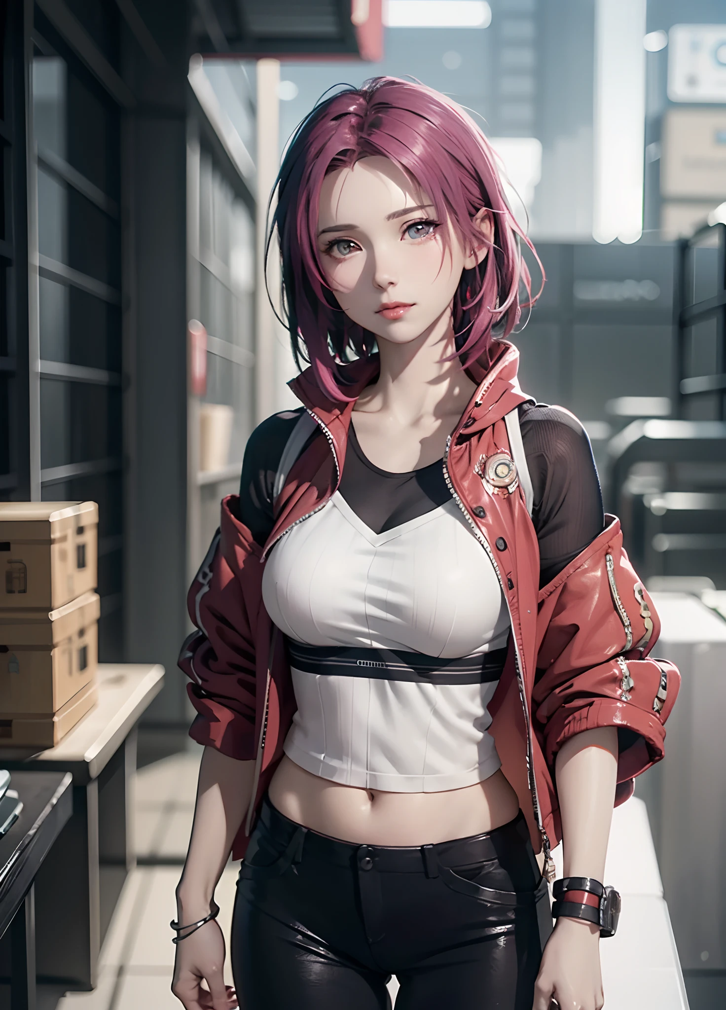Sakura Haruno, Seductive, ((forehead to show)), Attractive, Sexy eyes, Red coat, Pink hair, Delicate, 年轻, Short hair, Detailed face, High Definition, Full body, from league of legends, Trending in art stations, by RHADS, Andreas Rocha, rossdraws, By Shinkai Makoto, Laurie Greasley, Royce van Baaaale, Ilya Kuvshinov and Greg Rutkowski