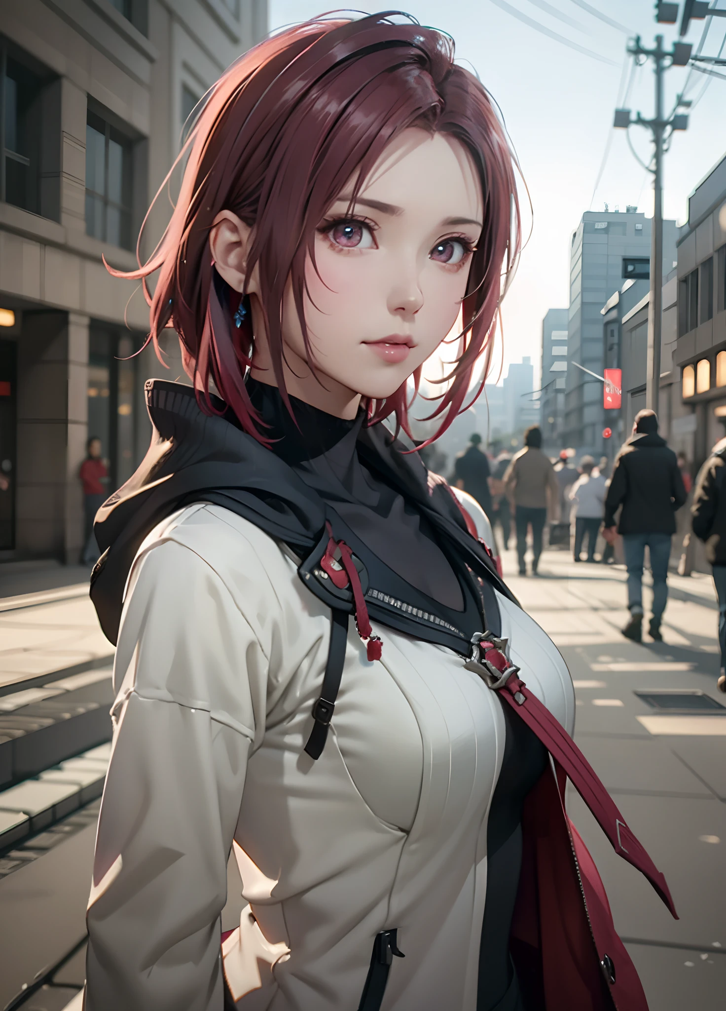 Anime girl with red hair and a white jacket on a city street - SeaArt AI