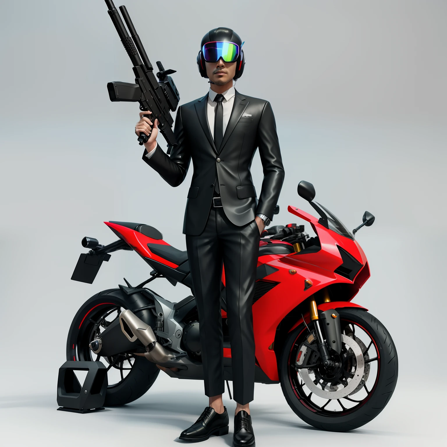 arafed man in a suit and tie holding a gun and a motorcycle, biker, motorcycle, in style of kar wai wong, security agent, futuristic spy, motorbiker, inspired by Yasutomo Oka, sitting on cyberpunk motorbike, badass composition, special agent, 3 d character render, inspired by Jean Malouel, neo - noir style, varia suit, behind him has a zombie.