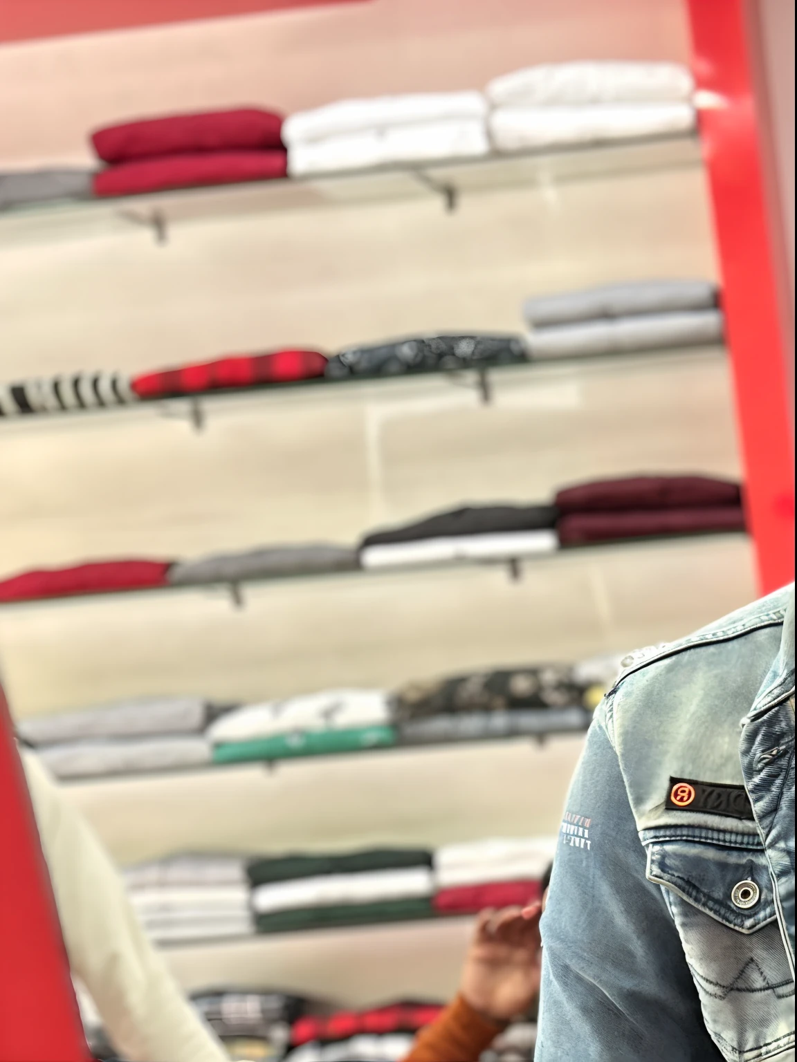 arafed man taking a selfie in a mirror in a clothing store, wearing a jeans jackets, full body picture, looking heckin cool and stylish, jeans and t shirt, cool style, ( ( ( wearing jeans ) ) ), casual clothes, casual photography, outfit photograph, wearing double denim, acid wash layering, outfit photo, full body pictures, jeans