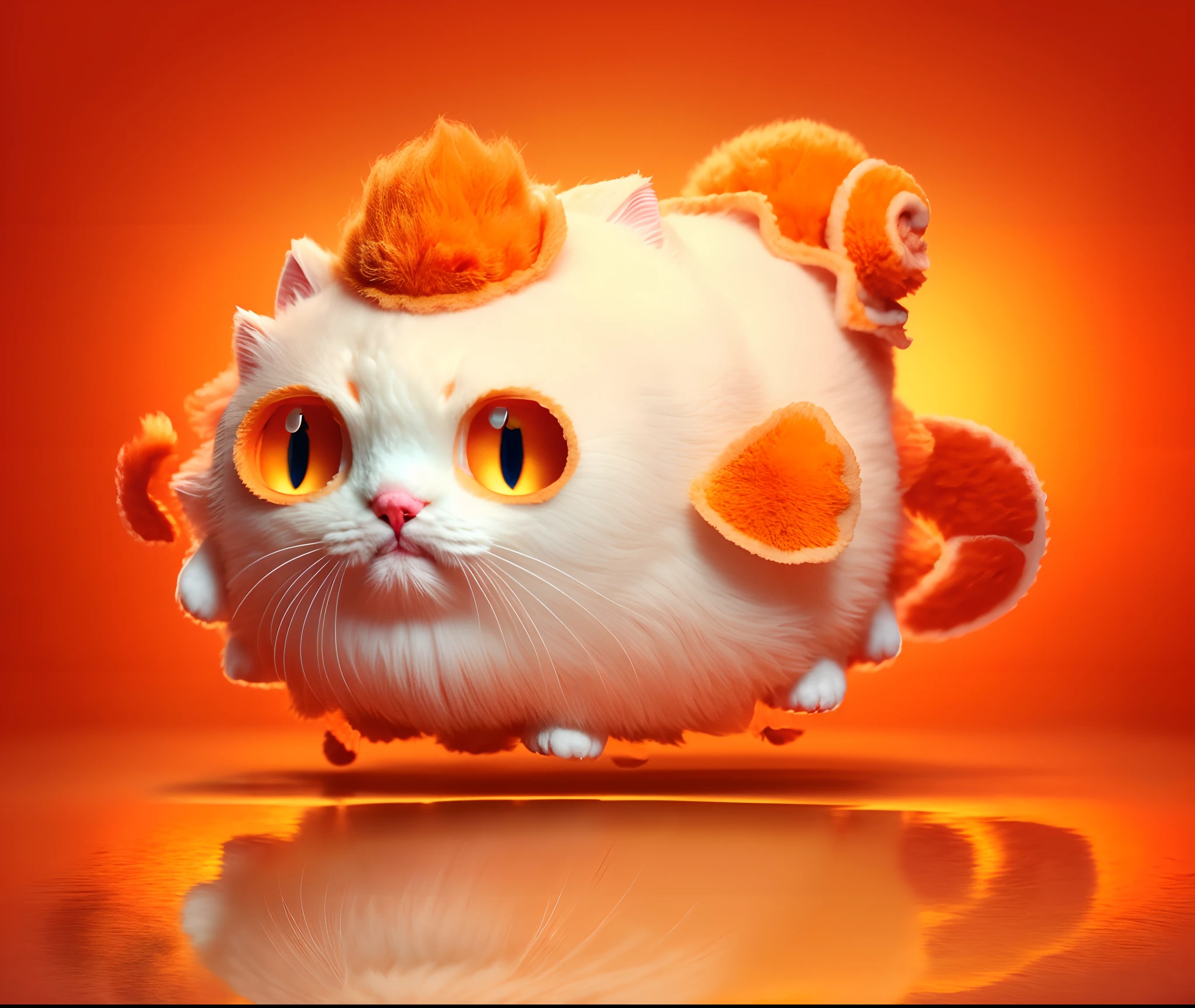 a close up of a cat with a fish on its head, poofy, octopus cat, world boss kitten, cat seahorse fursona, fluffy!!!, orange fluffy belly, fluffy'', soft but grumpy, toki pona, super fluffy, colossal fluffy tardigrade, cat seahorse shapeshifter, fluffy chest, the cat is fluffy, kitty-bird hybrid, UHD, masterpiece, high details, high quality, 4K