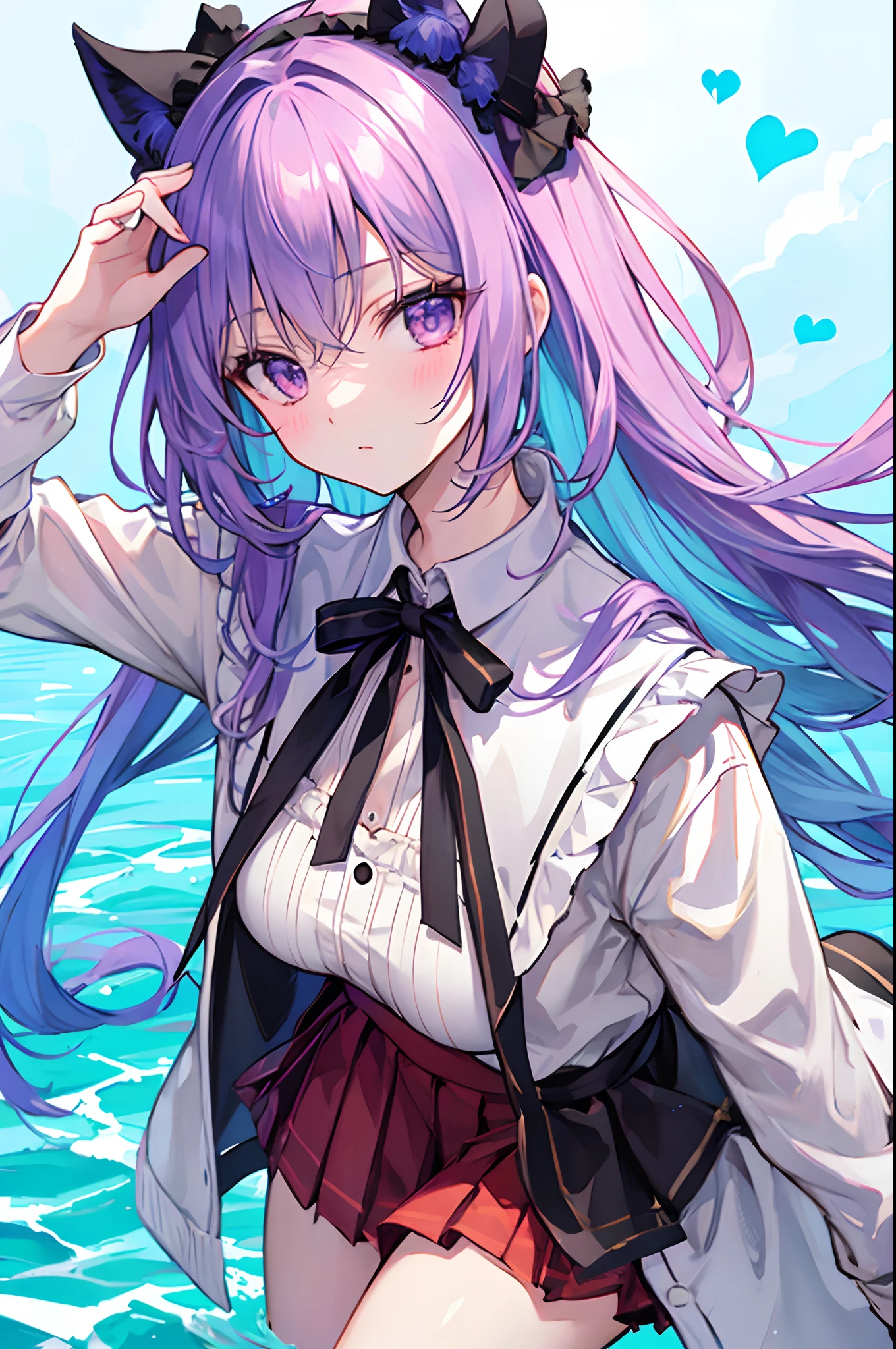 Anime girl with long purple hair and a white shirt and red skirt ...