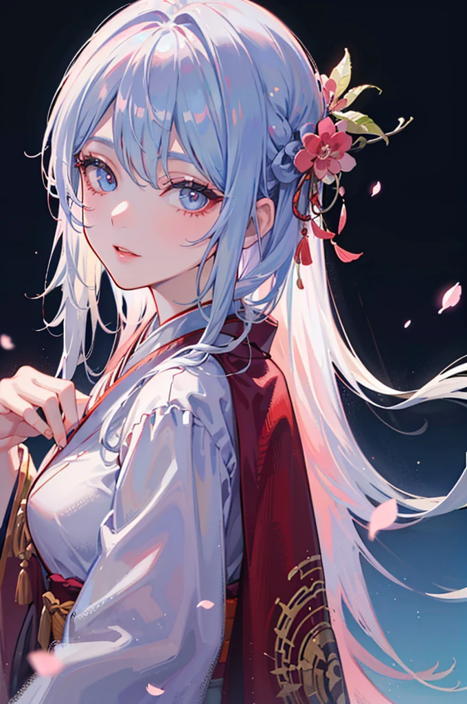 (best quality,4k,highres,masterpiece:1.2),ultra-detailed,realistic,portrait,detailed,dragon woman,white and pastel blue elegant kimono,cherry blossom background,long silver hair,side view,looking at viewer,snowy background,vivid colors,soft lighting
