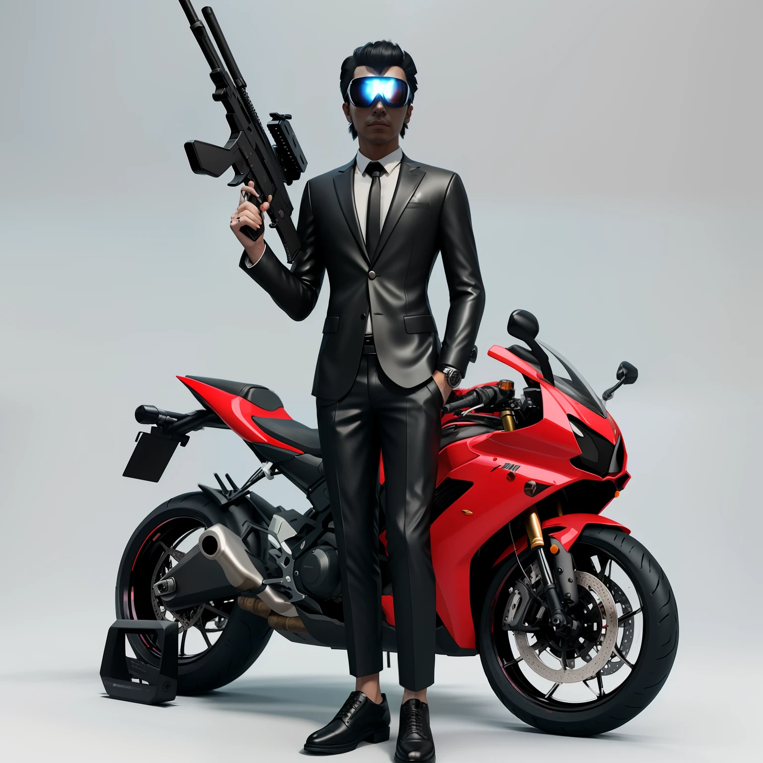 arafed man in a suit and tie holding a gun and a motorcycle, biker, motorcycle, in style of kar wai wong, security agent, futuristic spy, motorbiker, inspired by Yasutomo Oka, sitting on cyberpunk motorbike, badass composition, special agent, 3 d character render, inspired by Jean Malouel, neo - noir style, varia suit, behind him has a zombie.