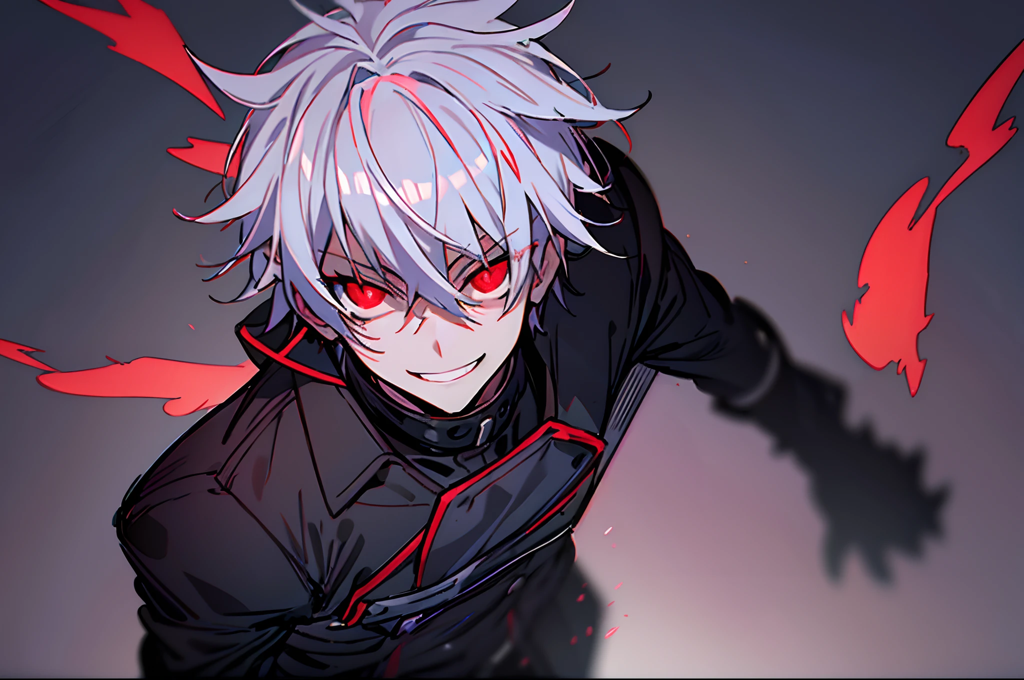 hight resolution,close range、Anime boy with white hair and red eyes staring at camera, Glowing red eyes,slim, dressed in a black outfit,Shadow Body,de pele branca,monochromes,hair messy,Aggressive smile、Diagonal angle