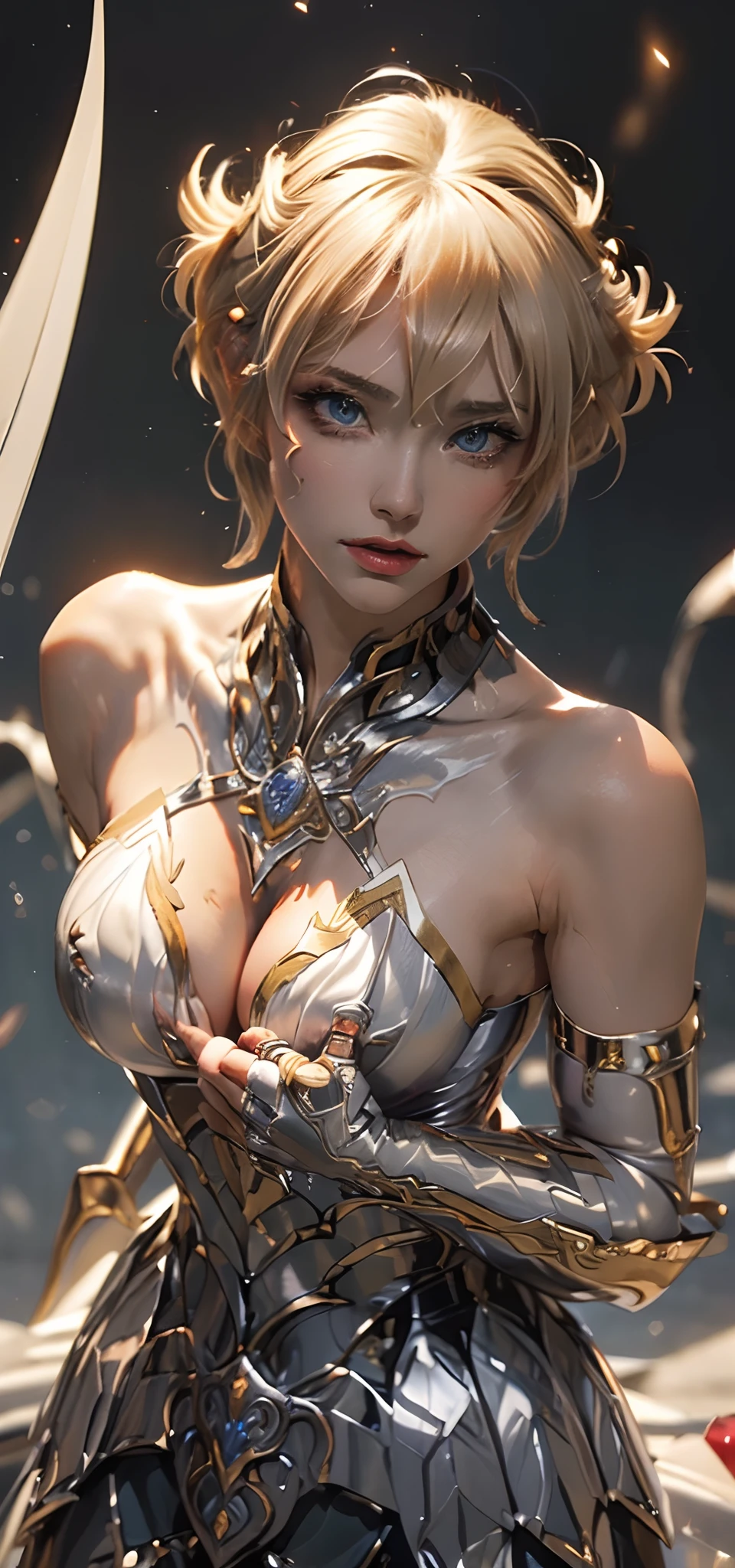 (( (tmasterpiece),(Very detailed CG Unity 8K wallpaper),best qualtiy,cinmatic lighting,细致背景,beatiful detailed eyes,Bright pupils,(Very fine and beautiful),(Beautiful and detailed eyes description),ultra - detailed,tmasterpiece,hight resolution)), Curly, Richly decorated armor, a beautiful woman warrior, (a pixie cut:1.4, Platinum Blonde Hair), cleavage of the breast