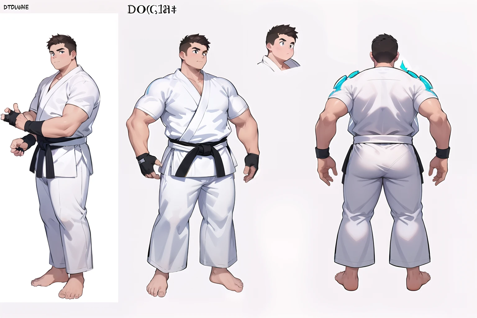 ((1boy_only, same_character, same_outfit)), charturnerv2, character_turnaround, character_sheet, ((3views)), reference_sheet, (chubby:1.2, stocky:1.2), ((white judo gi)), ((dougi)), barefoot, ((long pants)), (bara:1.2), (shota:0.25), buzz_cut, full body shot, ((cool, cute, awesome)), (fingerless gloves), (chubby_face:0.8), (solid_background)
