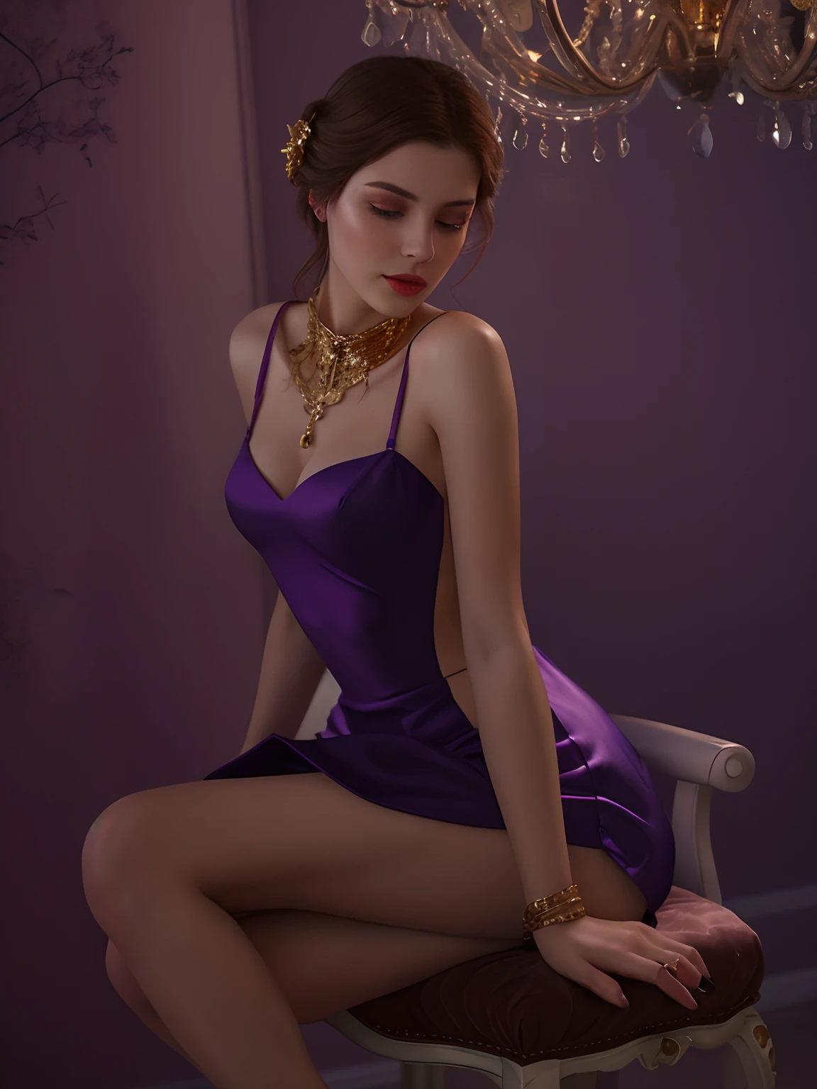 8k,hd,masterpiece,1girl,woman in a purple dress sitting on a chair, alluring mesmer woman,a beautiful fantasy empress, photorealistic, photography, brown hair, gold accessories, bedroom, indoor, soft lighting, looking at viewer, stocking